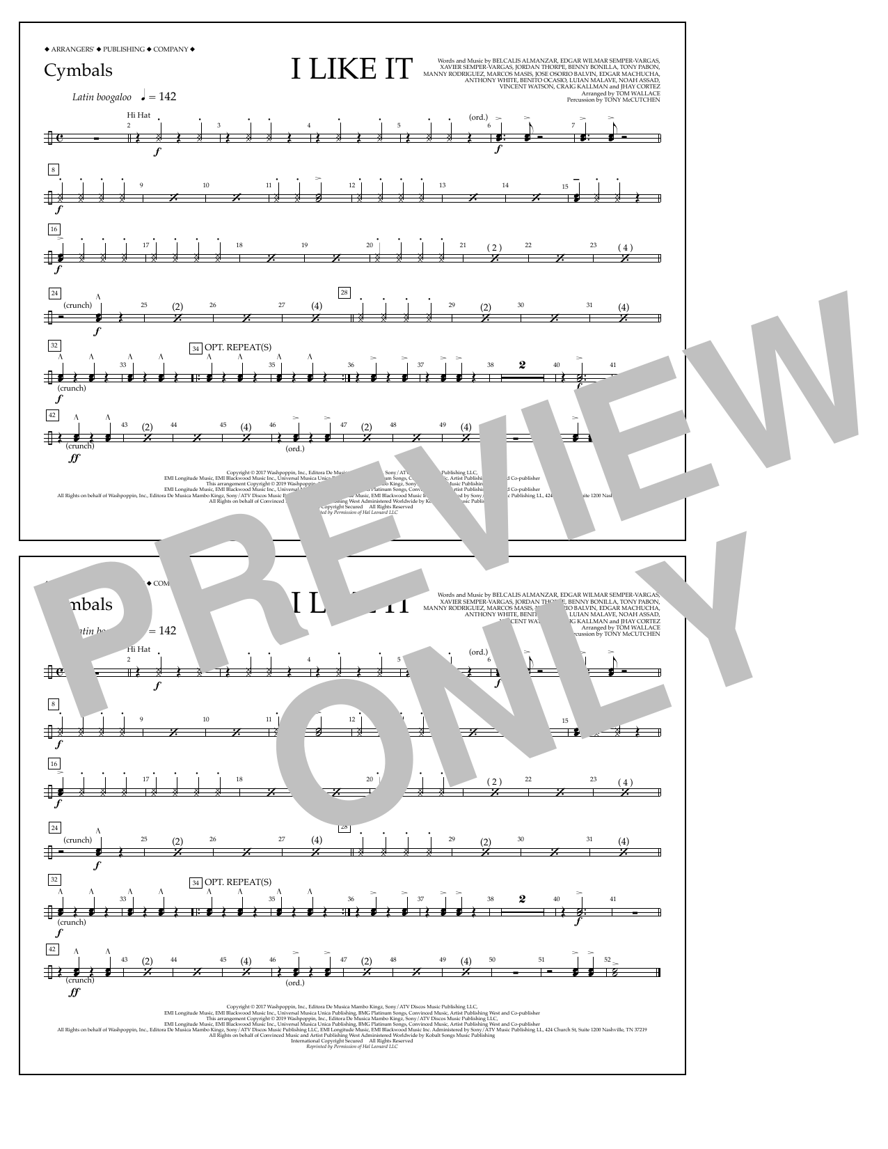 Cardi B, Bad Bunny & J Balvin I Like It (arr. Tom Wallace) - Cymbals sheet music notes and chords arranged for Marching Band
