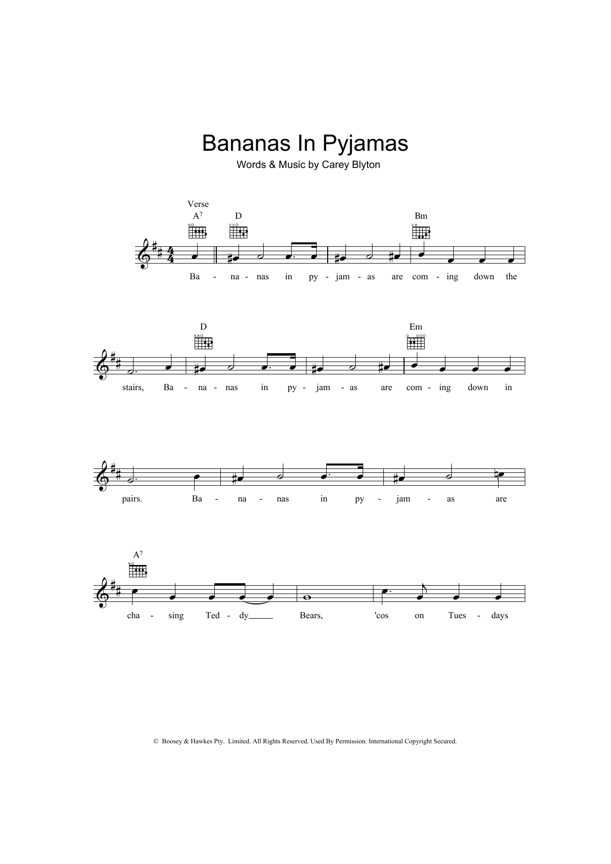 Carey Blyton Bananas In Pyjamas sheet music notes and chords arranged for Easy Guitar Tab