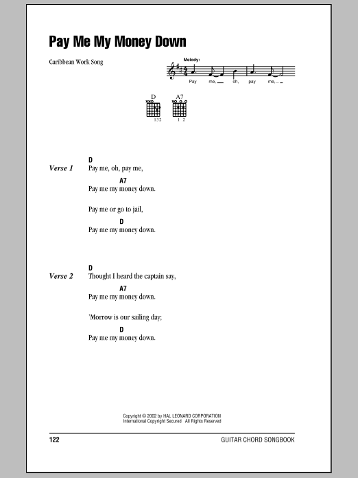 Caribbean Work Song Pay Me My Money Down sheet music notes and chords arranged for Guitar Chords/Lyrics