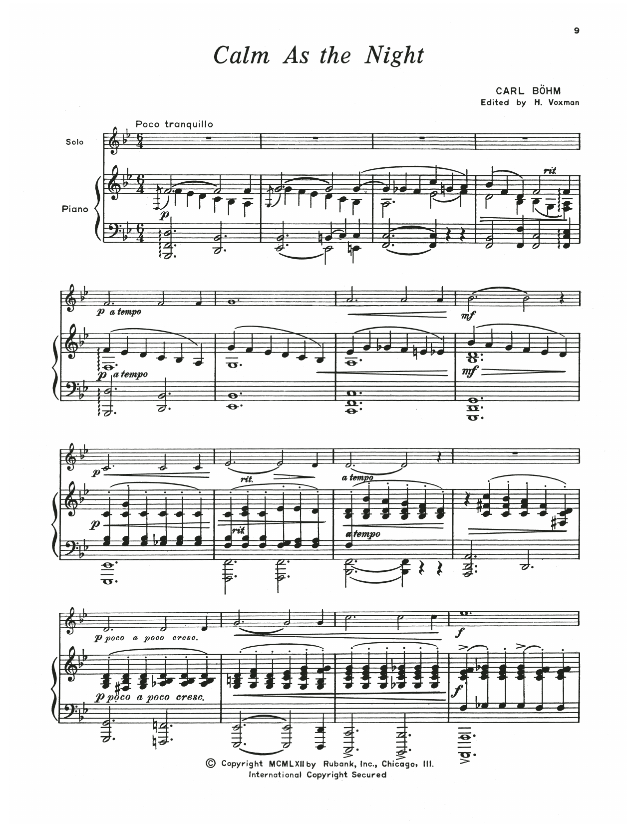 Carl Bohm Calm As The Night (Still Wie Die Nacht) sheet music notes and chords arranged for Baritone B.C. and Piano