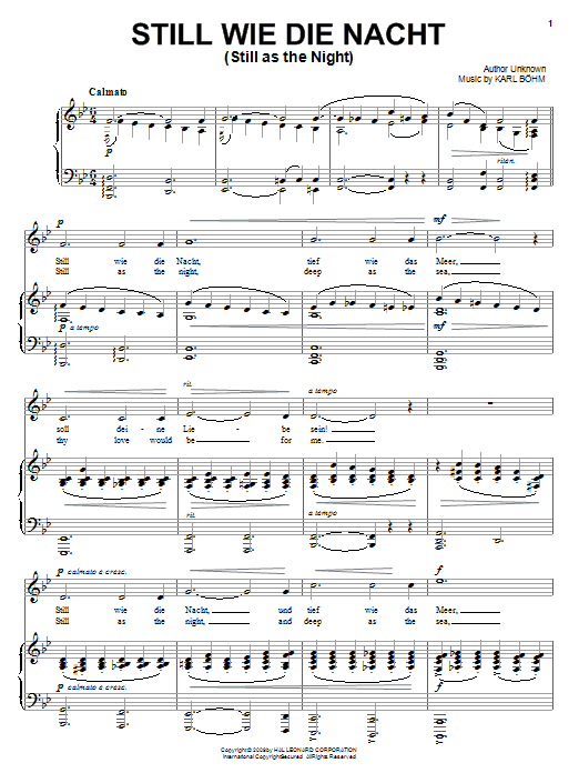 Carl Bohm Still Wie Die Nacht (Still As The Night) sheet music notes and chords arranged for Piano, Vocal & Guitar Chords (Right-Hand Melody)