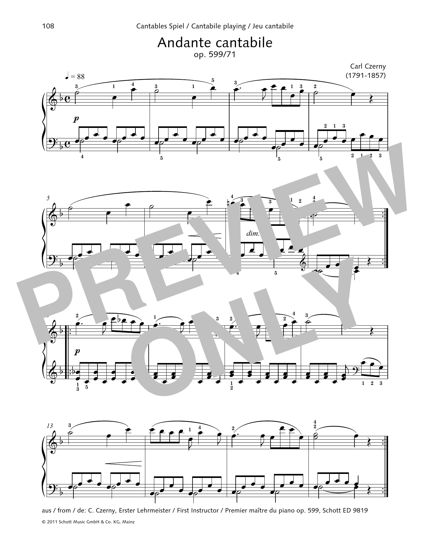 Carl Czerny Andante Cantabile sheet music notes and chords arranged for Piano Solo