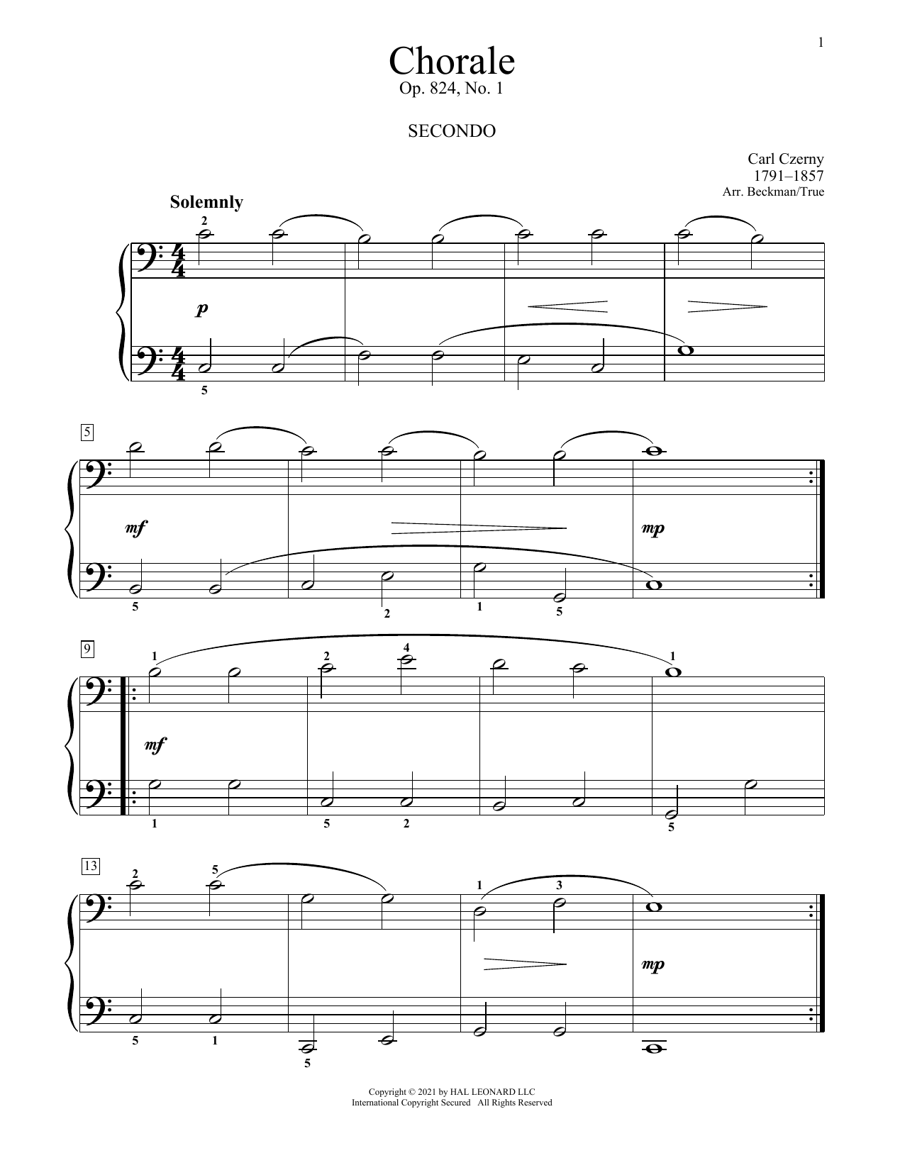 Carl Czerny Chorale, Op. 824 No. 1 sheet music notes and chords arranged for Piano Duet
