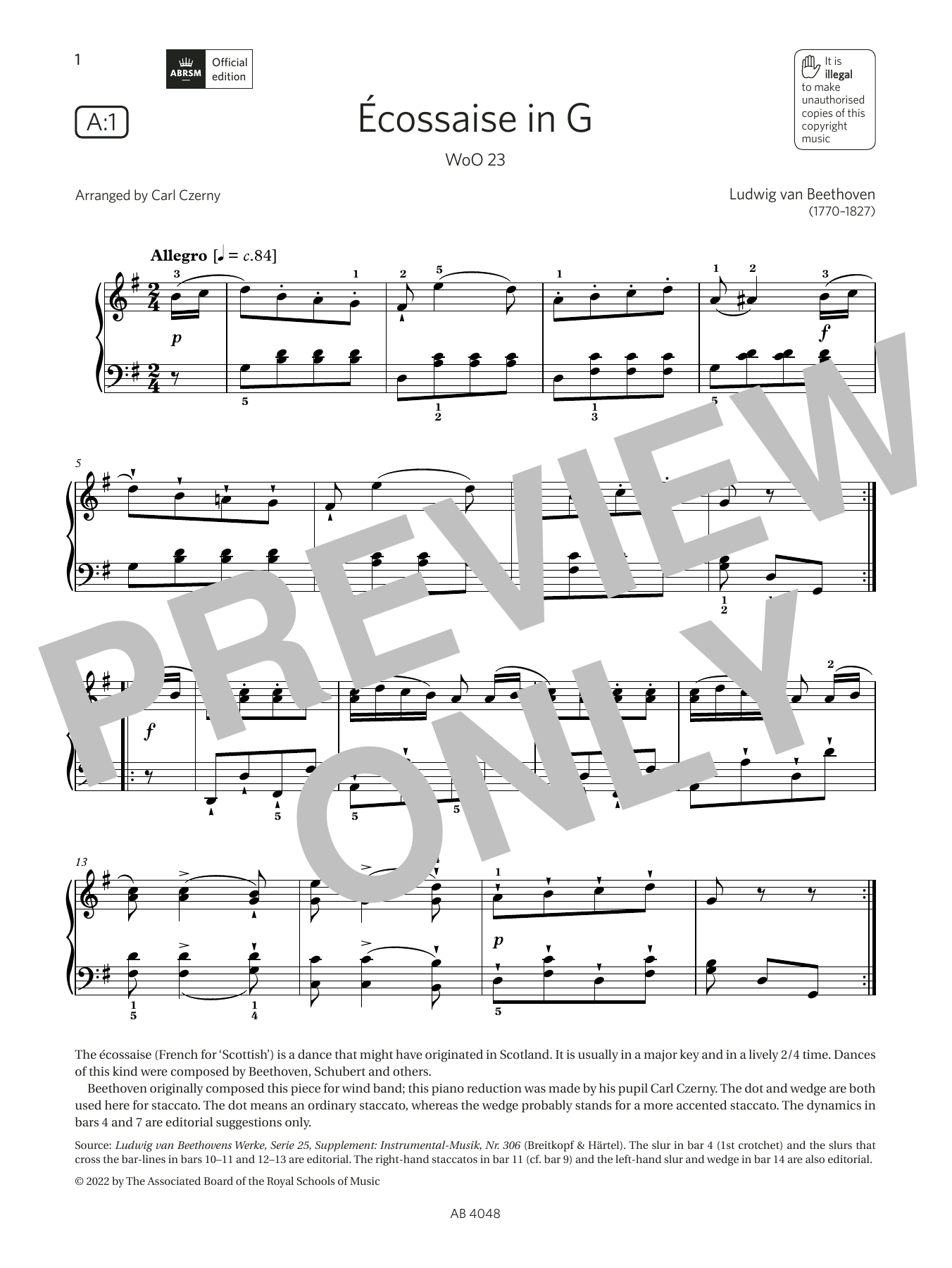 Carl Czerny Écossaise in G (Grade 2, list A1, from the ABRSM Piano Syllabus 2023 & 2024) sheet music notes and chords arranged for Piano Solo