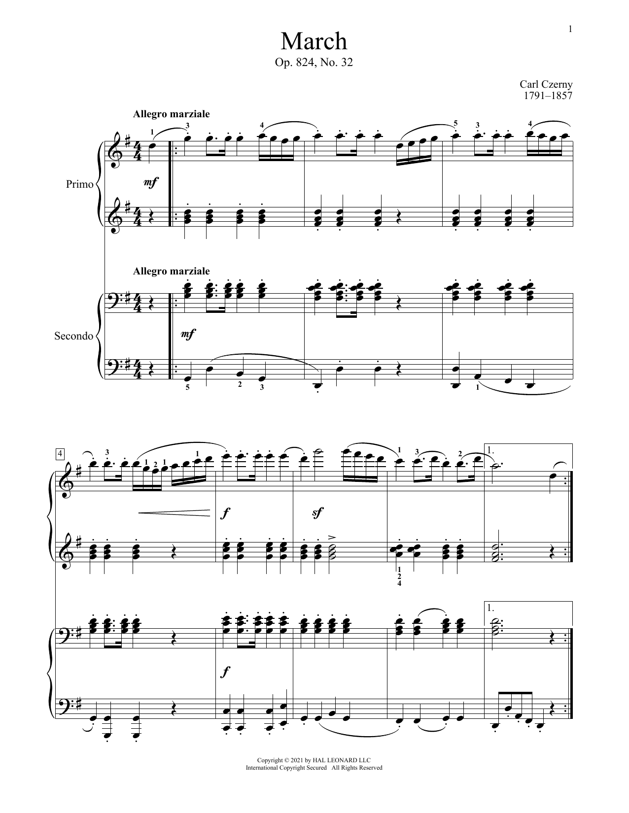 Carl Czerny March, Op. 824, No. 32 sheet music notes and chords arranged for Piano Duet