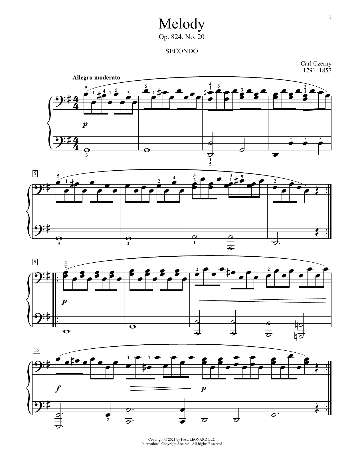Carl Czerny Melody, Op. 824, No. 20 sheet music notes and chords arranged for Piano Duet