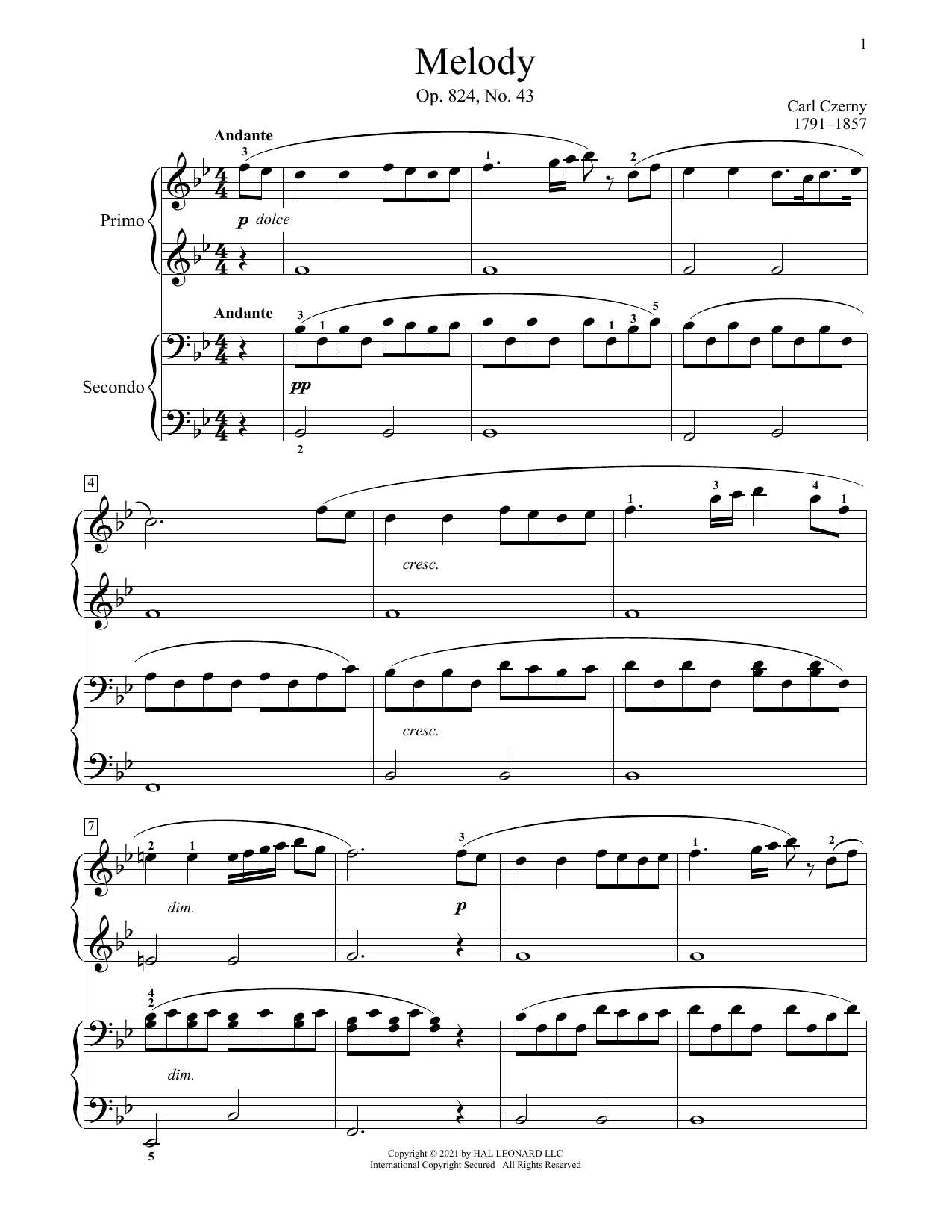 Carl Czerny Melody, Op. 824, No. 43 sheet music notes and chords arranged for Piano Duet