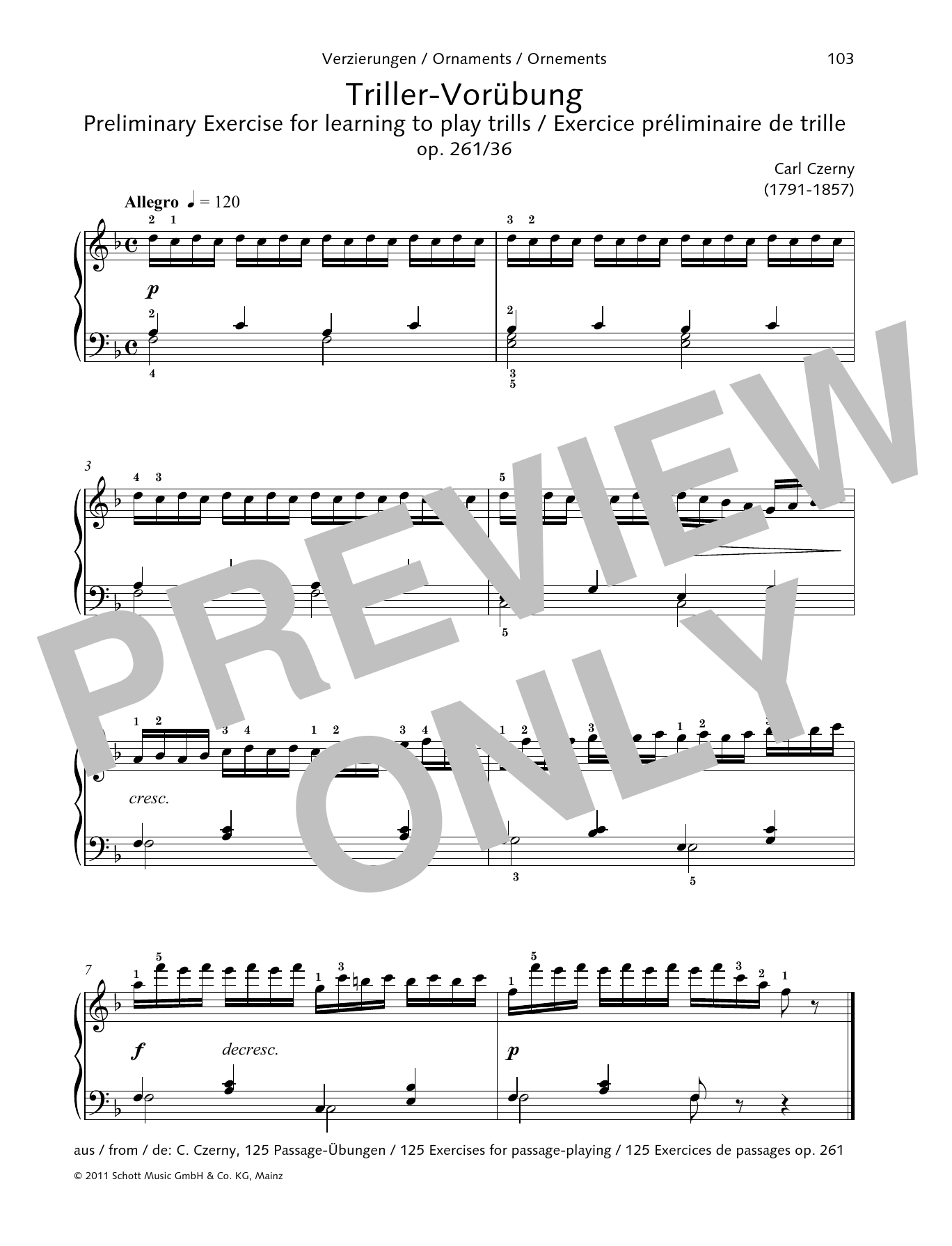Carl Czerny Preliminary Exercise for learning to play trills sheet music notes and chords arranged for Piano Solo