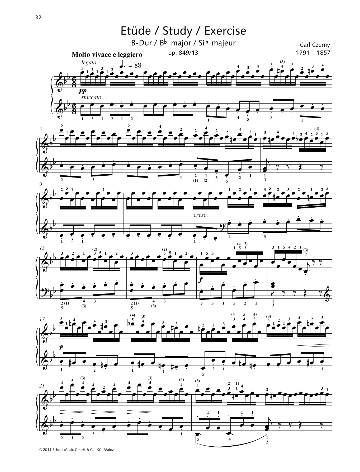 Carl Czerny Study B major sheet music notes and chords arranged for Piano Solo