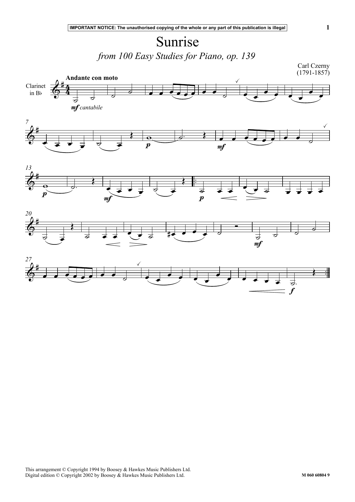 Carl Czerny Sunrise (from 100 Easy Studies For Piano, Op. 139) sheet music notes and chords arranged for Instrumental Solo