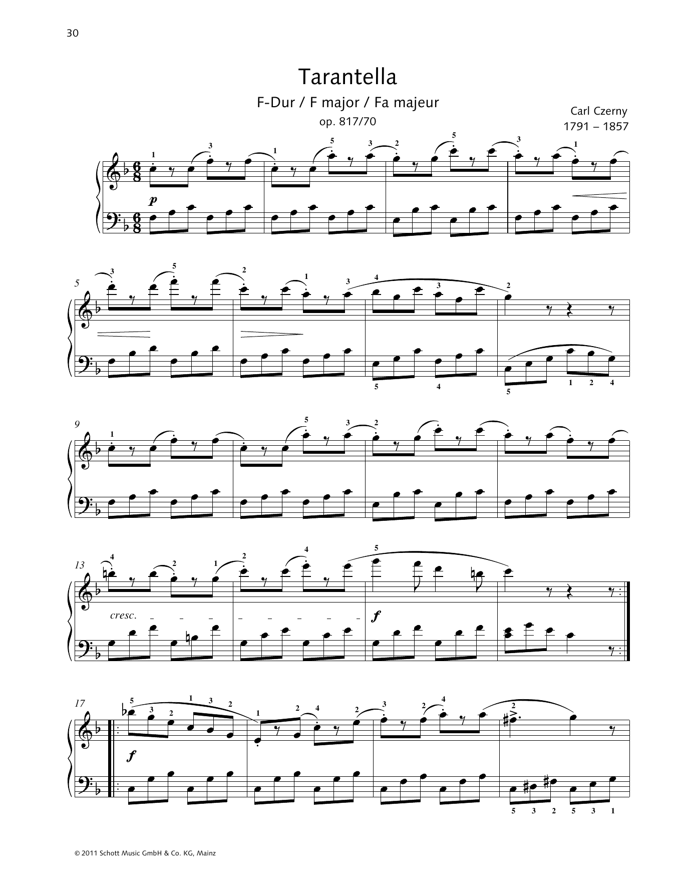 Carl Czerny Tarantella F major sheet music notes and chords arranged for Piano Solo