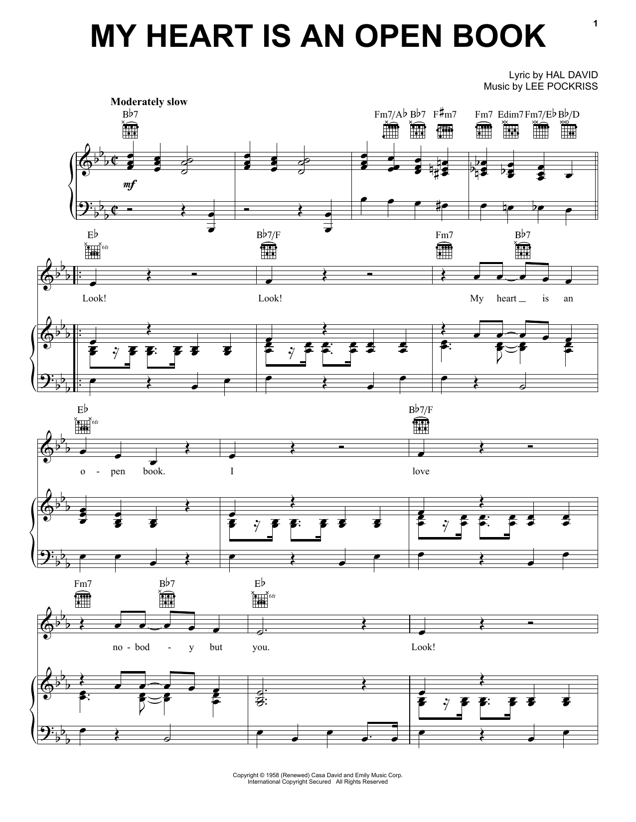 Carl Dobkins, Jr. My Heart Is An Open Book sheet music notes and chords arranged for Piano, Vocal & Guitar Chords (Right-Hand Melody)