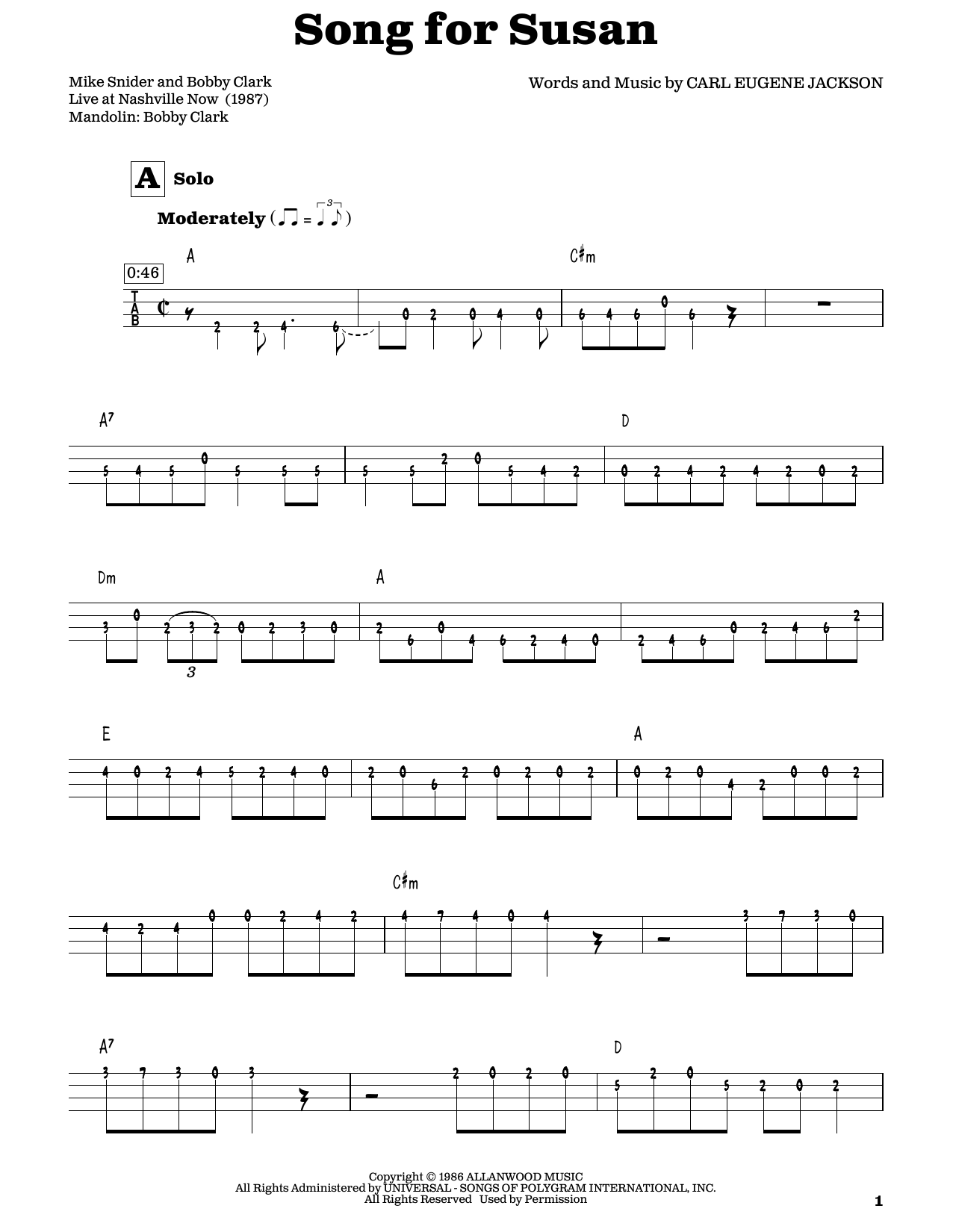 Carl Eugene Jackson Song For Susan sheet music notes and chords arranged for Mandolin