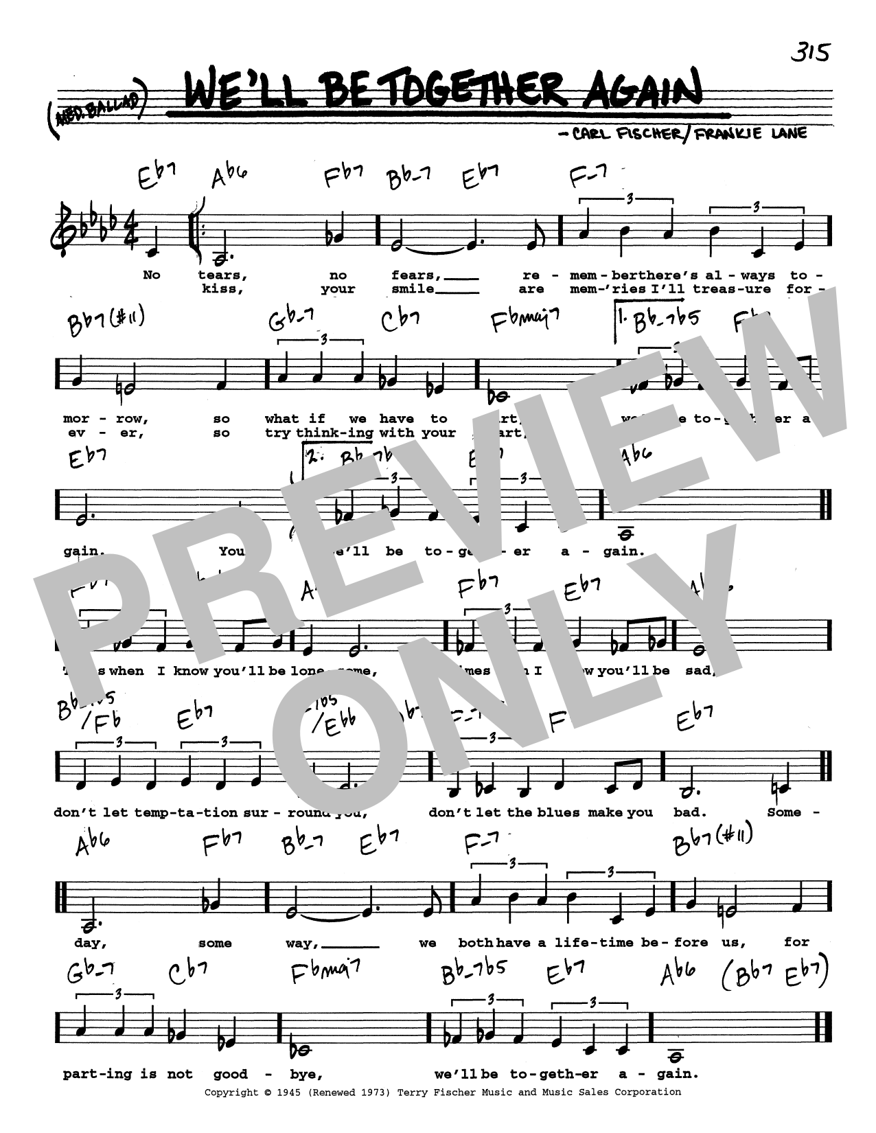 Carl Fischer We'll Be Together Again (Low Voice) sheet music notes and chords arranged for Real Book – Melody, Lyrics & Chords