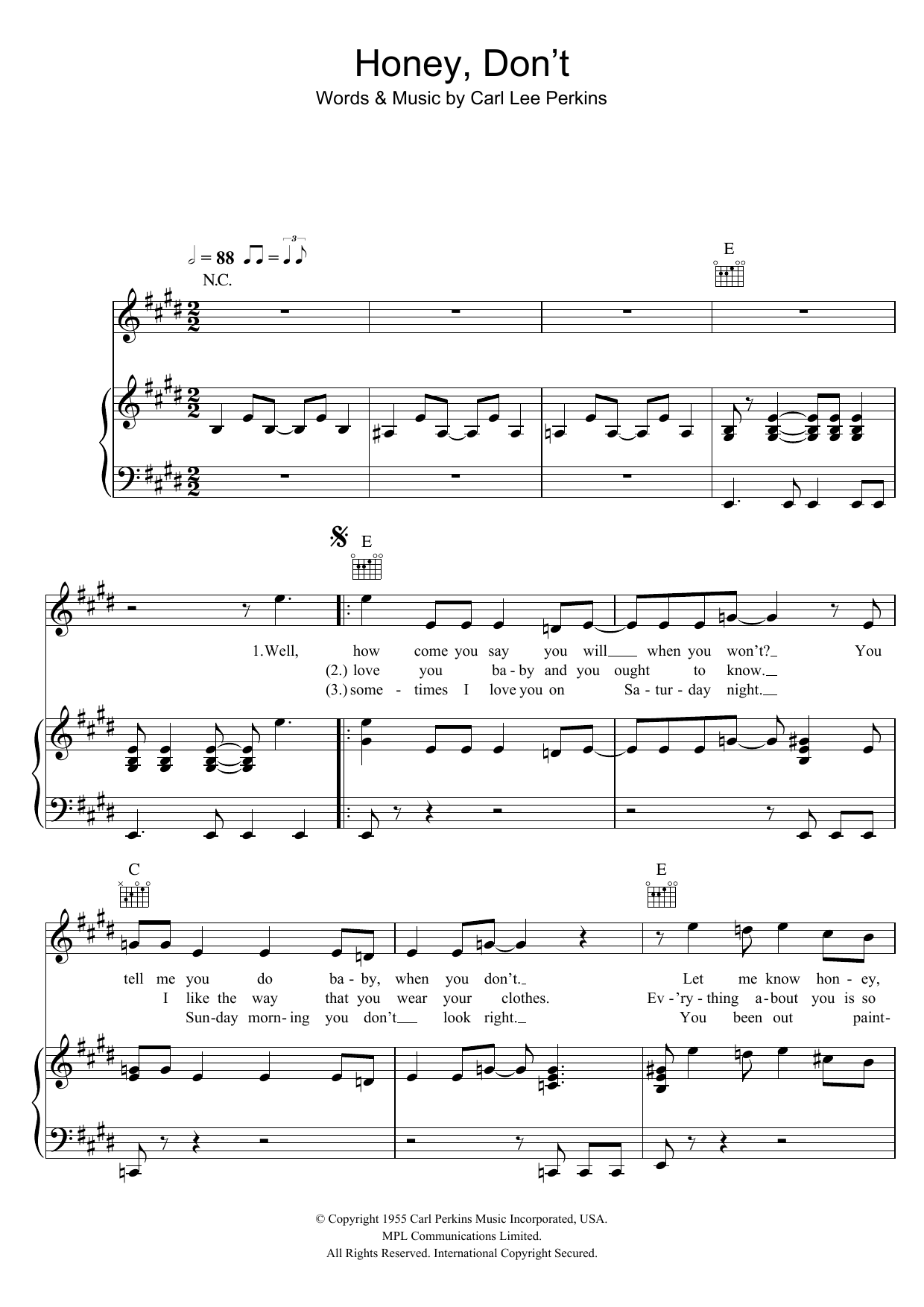 Carl Lee Perkins Honey, Don't sheet music notes and chords arranged for Piano, Vocal & Guitar Chords