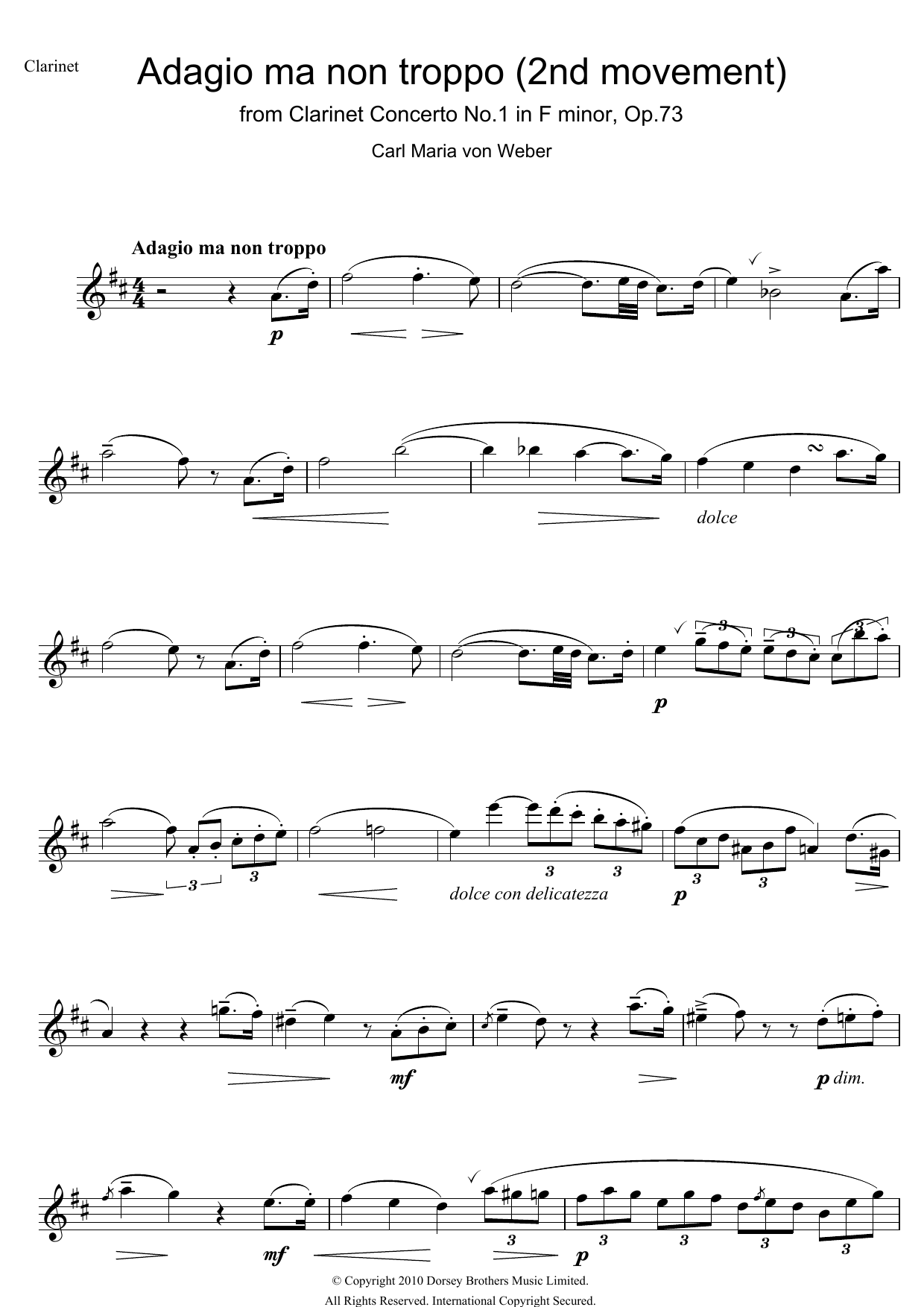 Carl Maria von Weber Clarinet Concerto No.1 In F Minor, Op.73, 2nd Movement: Adagio Ma Non Troppo sheet music notes and chords arranged for Clarinet Solo