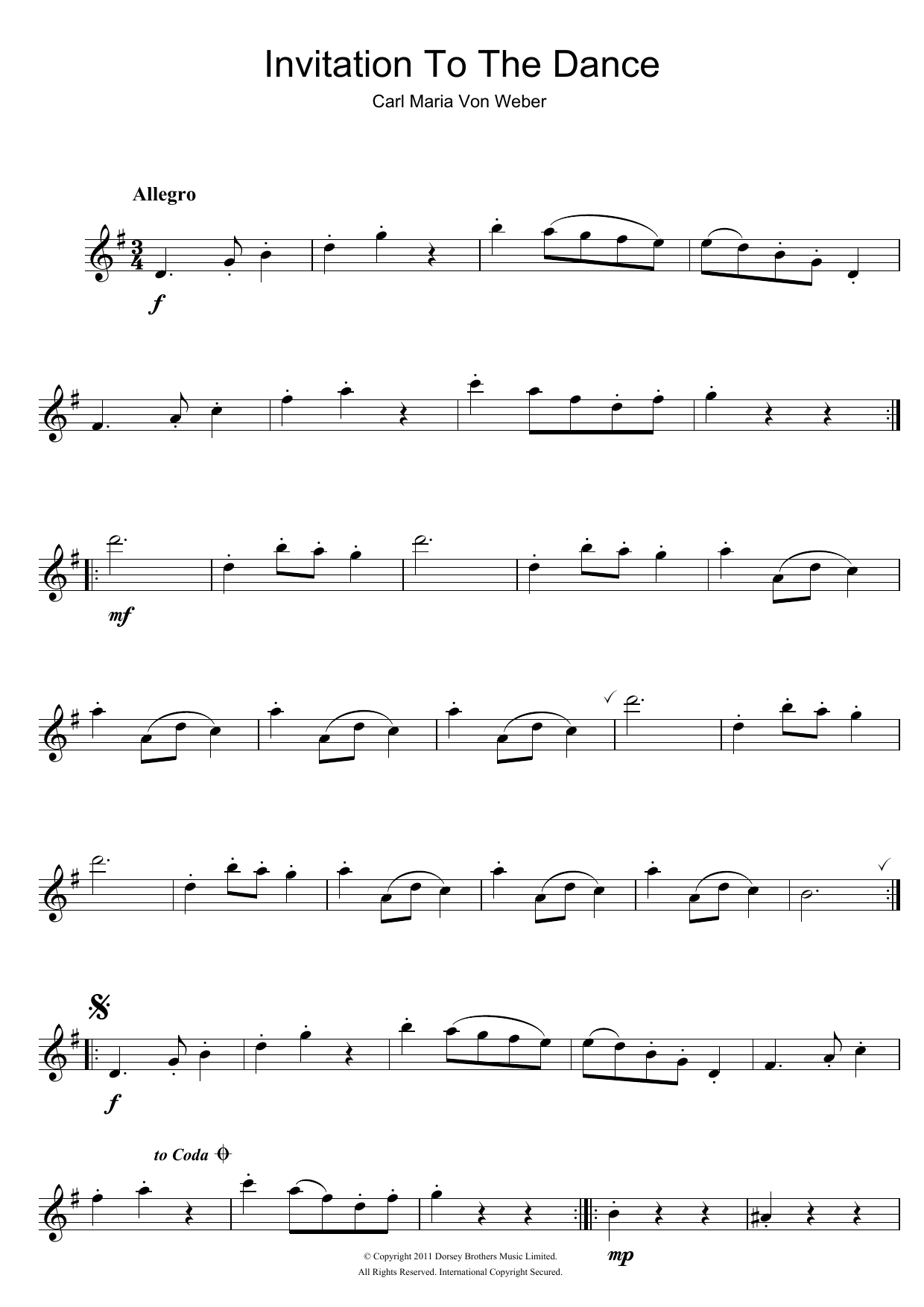Carl Maria von Weber Invitation To The Dance, Rondeau Brillant, Op.65 sheet music notes and chords arranged for Clarinet Solo