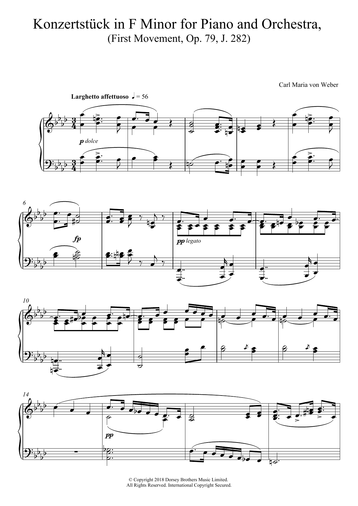 Carl Maria von Weber Konzertstuck in F Minor for Piano and Orchestra, First Movement, Op. 79, J. 282 sheet music notes and chords arranged for Piano Solo