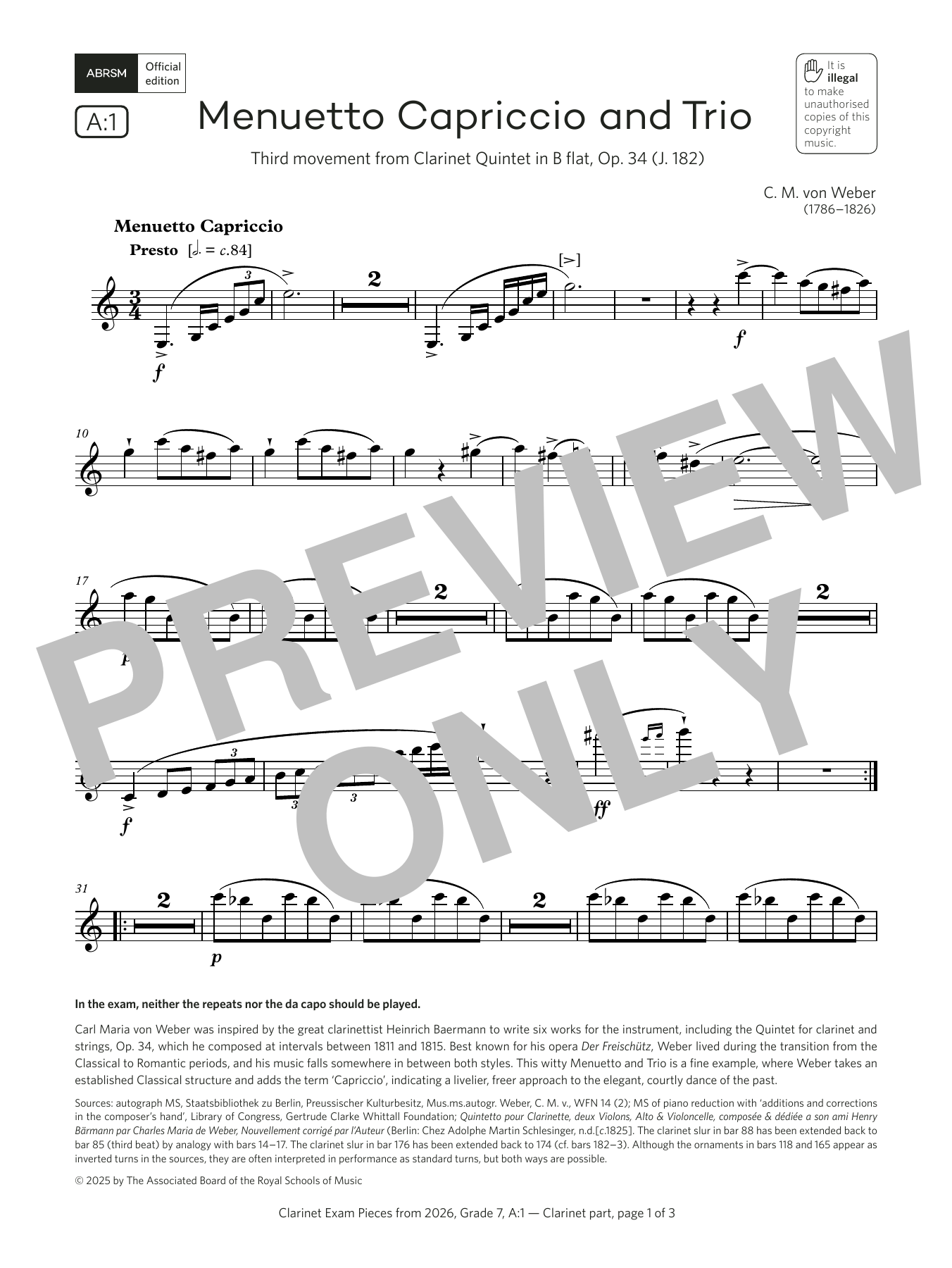 Carl Maria von Weber Menuetto Capriccio and Trio (Grade 7, list A1, from the ABRSM Clarinet Syllabus from 2026) sheet music notes and chords arranged for Clarinet Solo