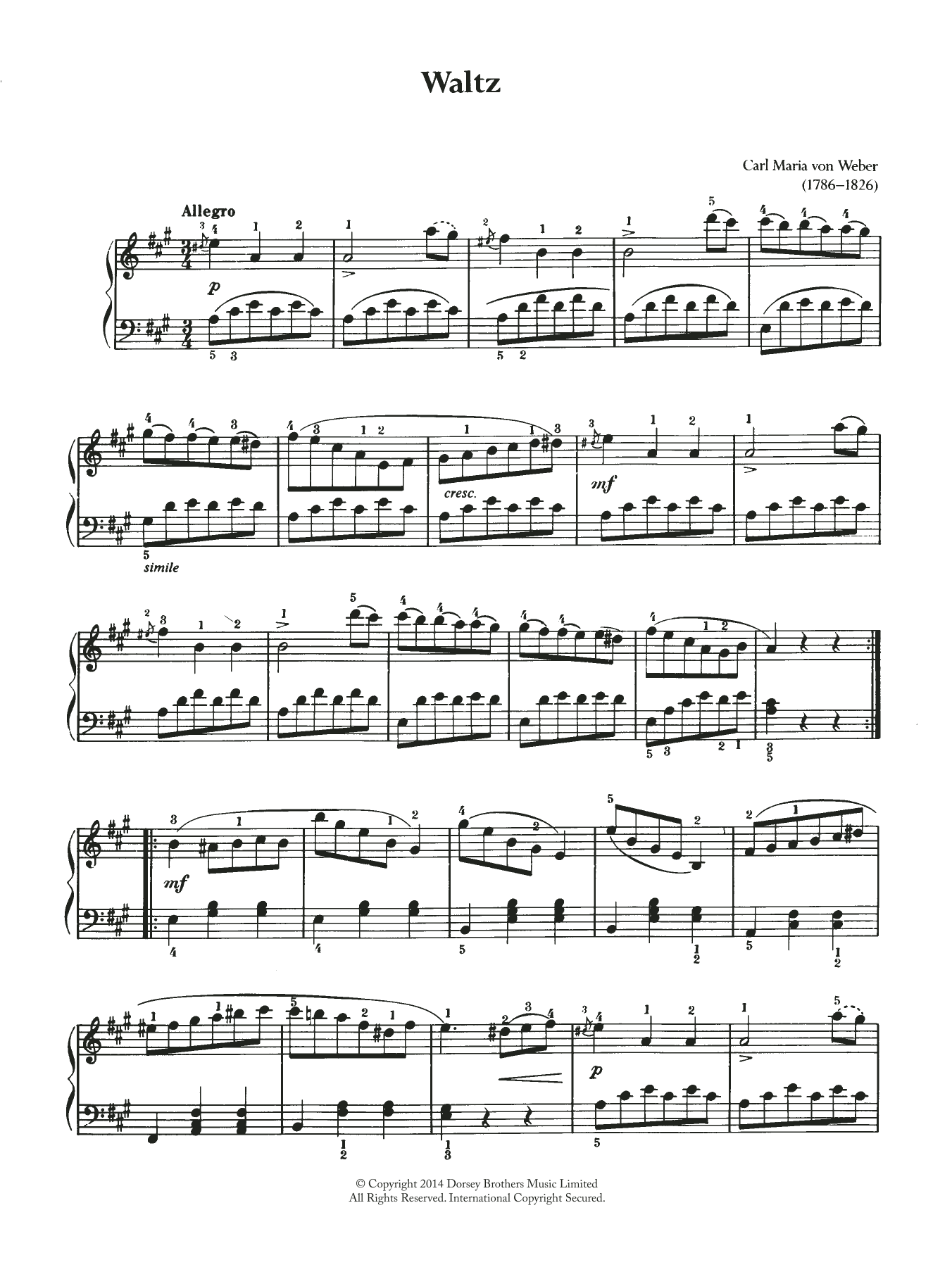 Carl Maria von Weber Waltz (J. 146 No. 4) sheet music notes and chords arranged for Piano Solo
