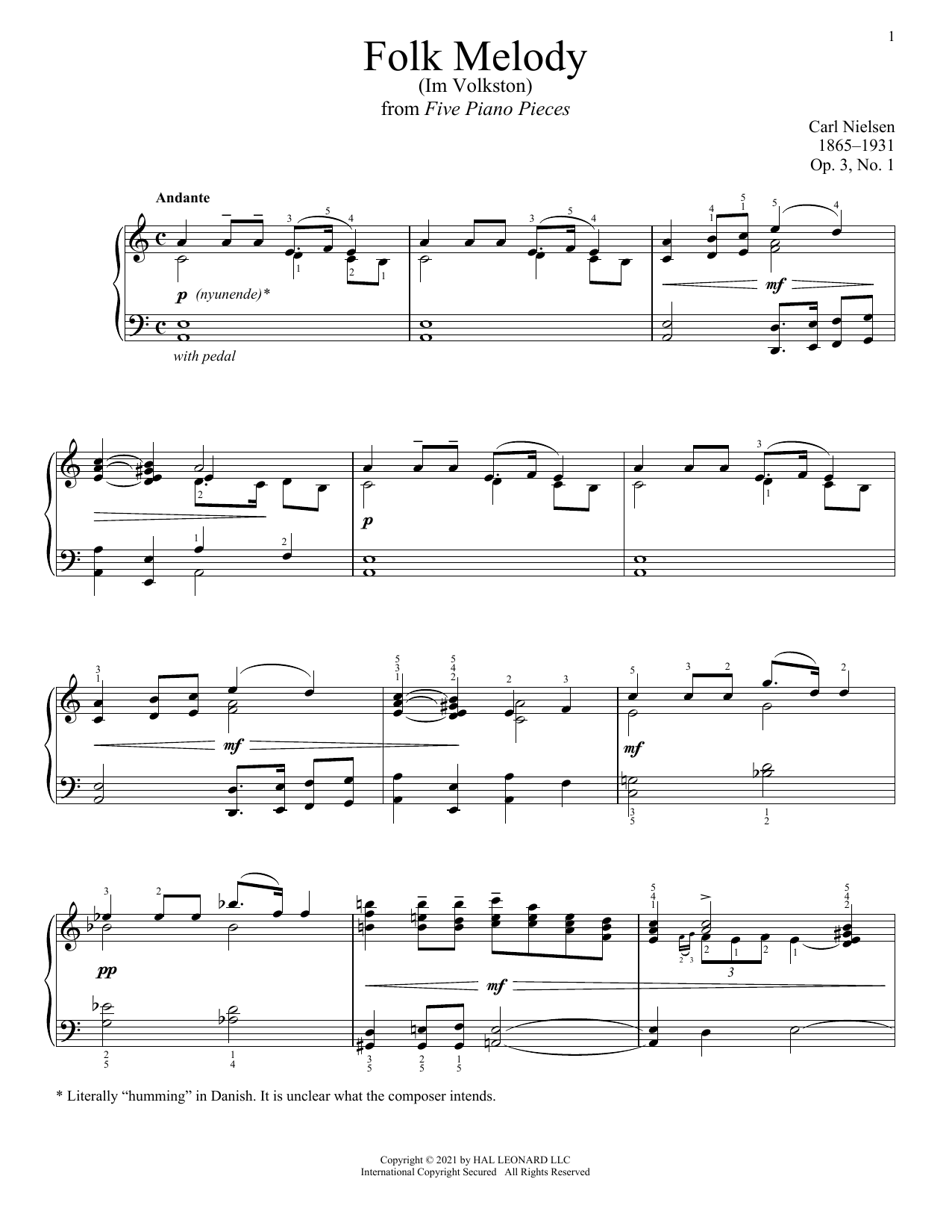 Carl Nielsen Folk Melody (Im Volkston) sheet music notes and chords arranged for Piano Solo