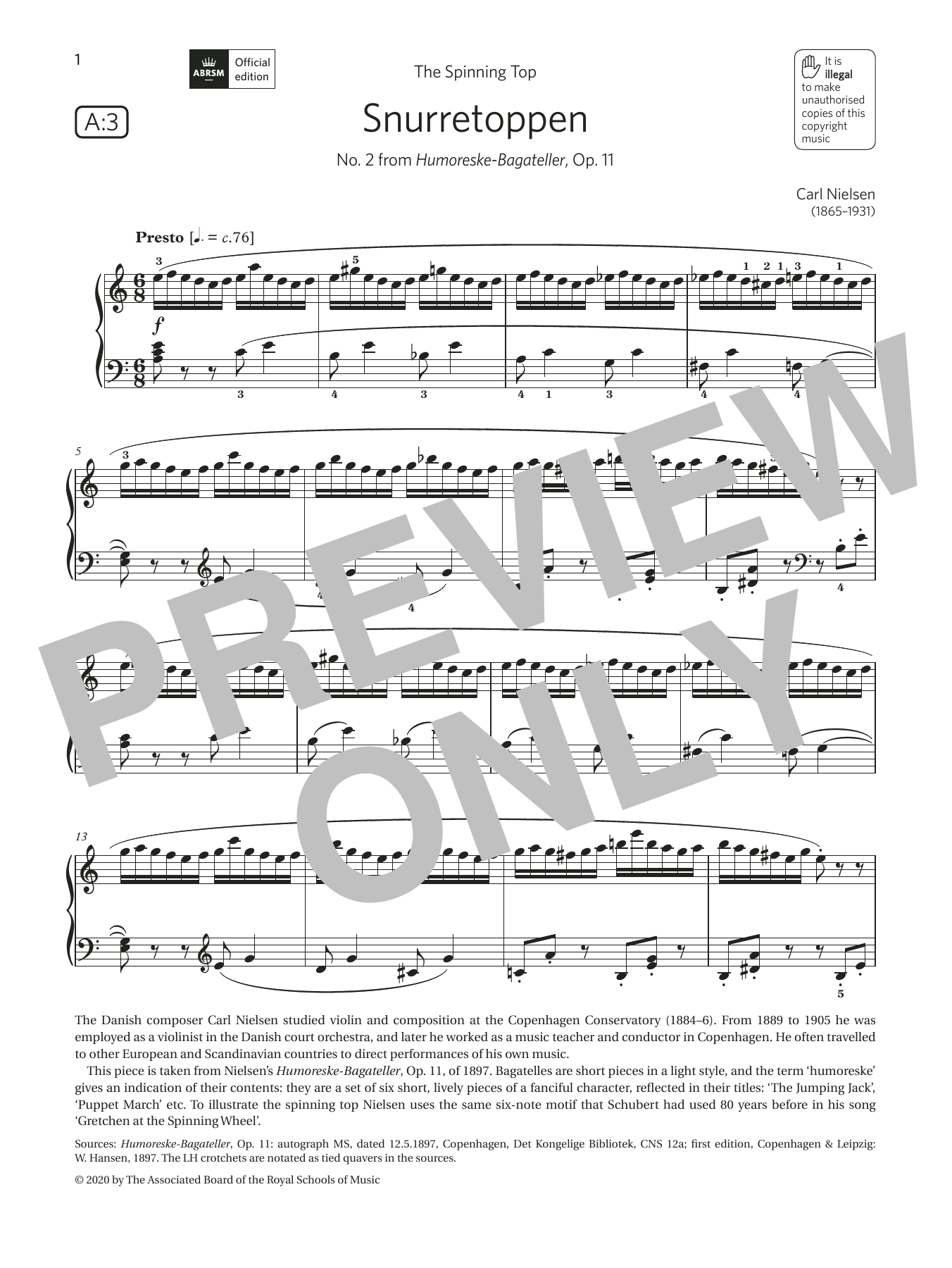 Carl Nielsen Snurretoppen (Grade 6, list A3, from the ABRSM Piano Syllabus 2021 & 2022) sheet music notes and chords arranged for Piano Solo