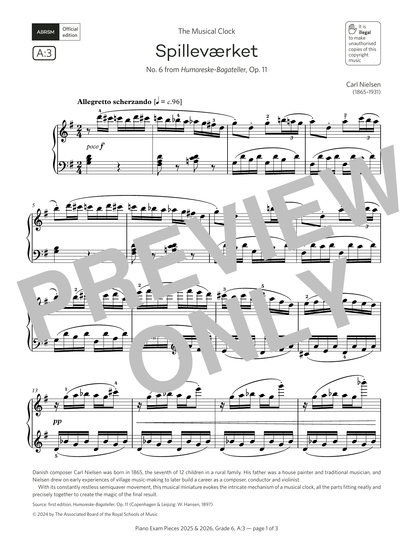 Carl Nielsen Spilleværket (Grade 6, list A3, from the ABRSM Piano Syllabus 2025 & 2026) sheet music notes and chords arranged for Piano Solo