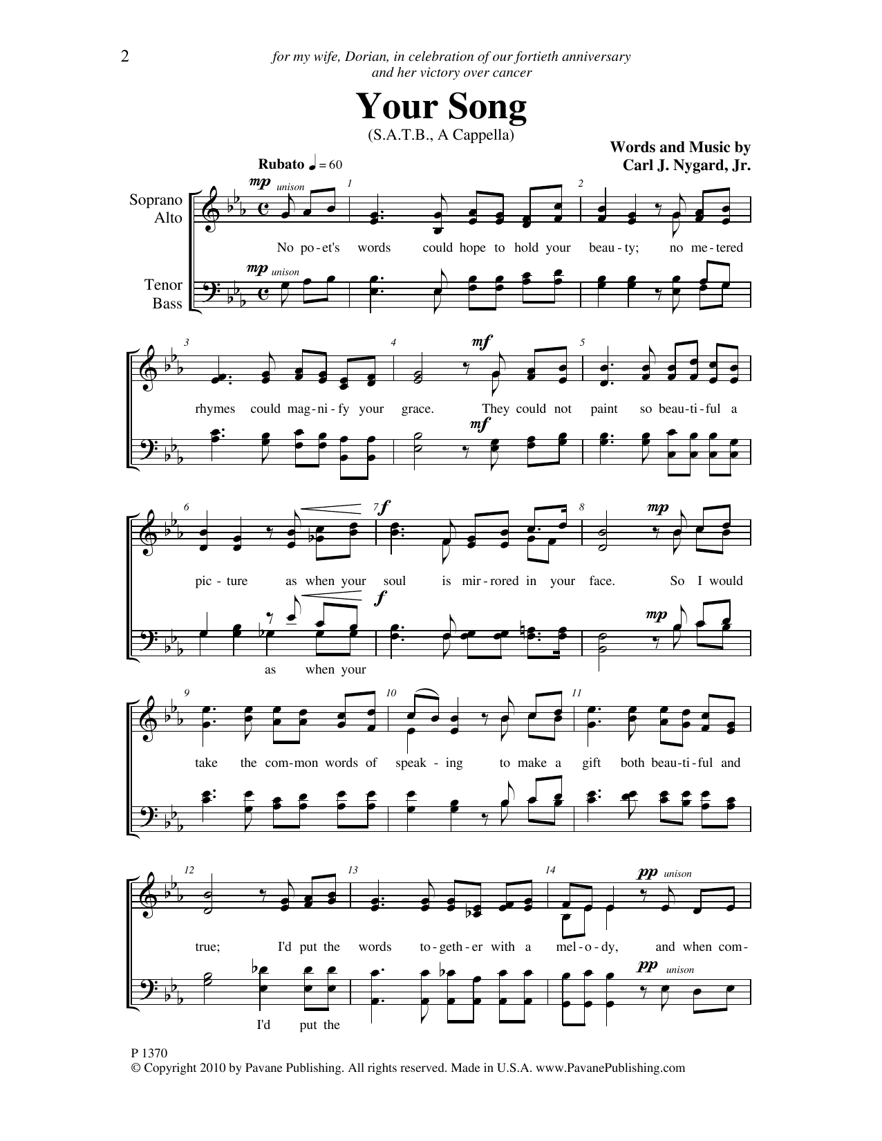Carl Nygard, Jr. Your Song sheet music notes and chords arranged for SATB Choir