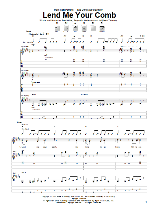Carl Perkins Lend Me Your Comb sheet music notes and chords arranged for Guitar Tab