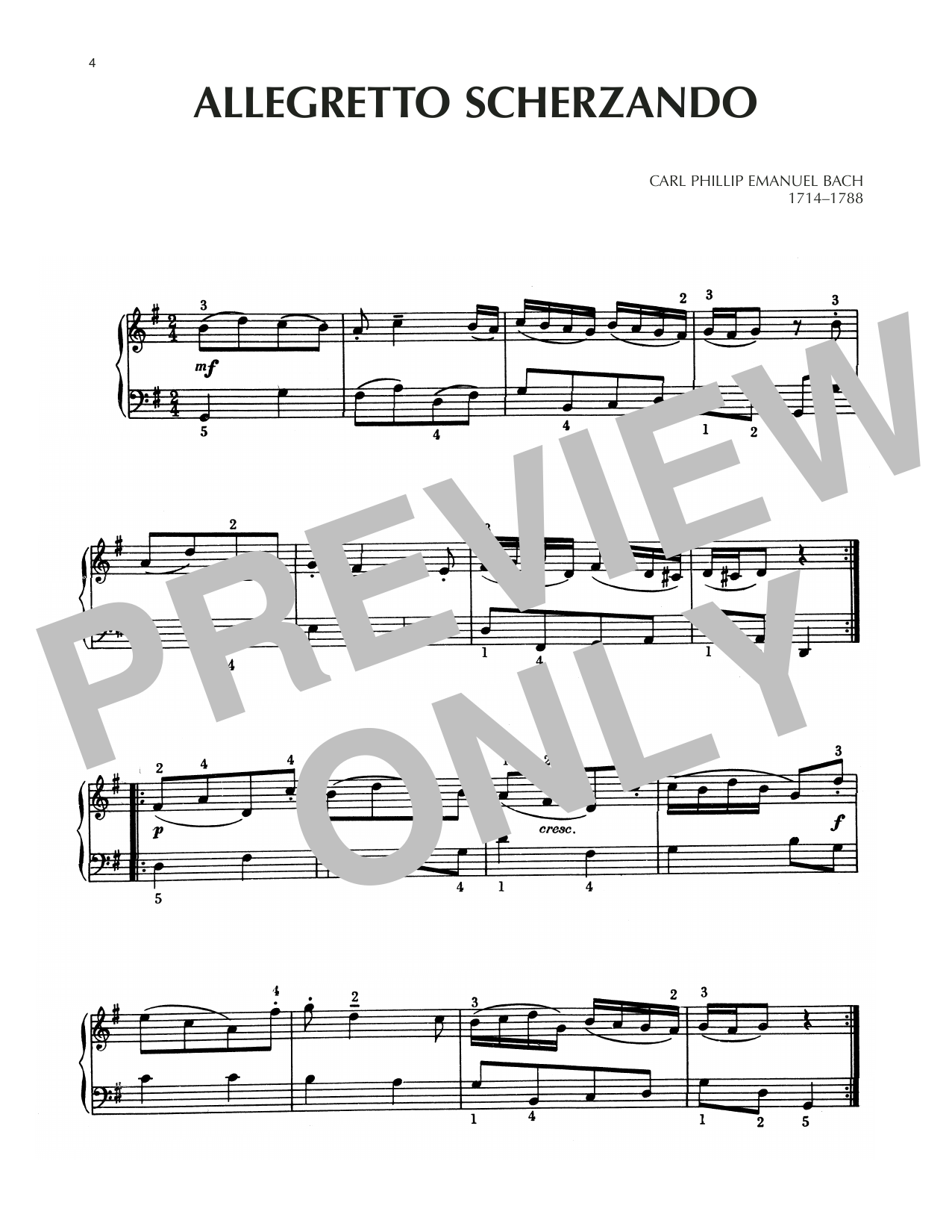 Carl Philipp Emanuel Bach Allegretto Scherzando sheet music notes and chords arranged for Piano Solo