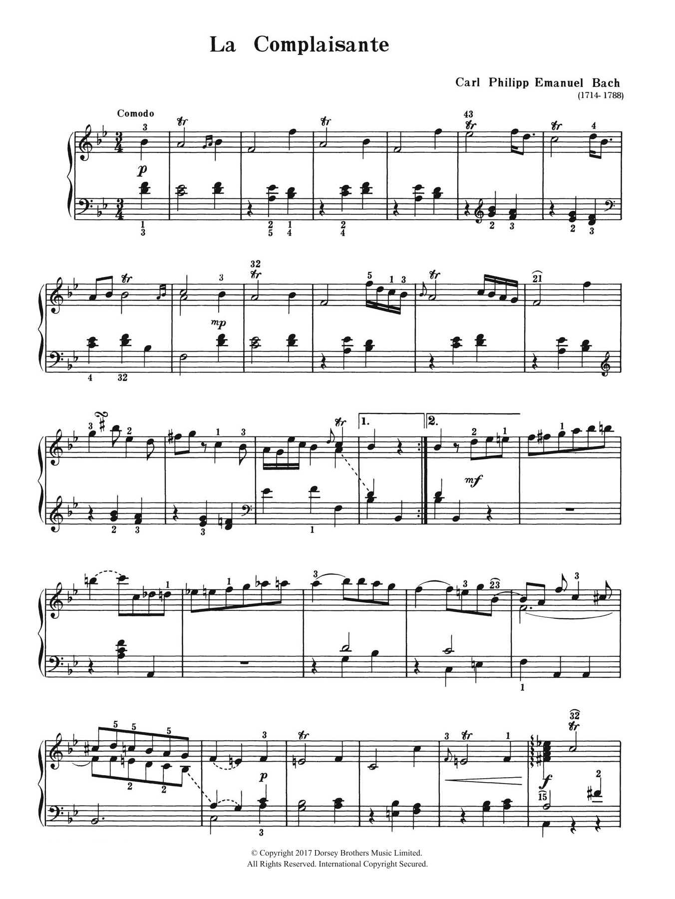Carl Philipp Emanuel Bach La Complaisante sheet music notes and chords arranged for Piano Solo