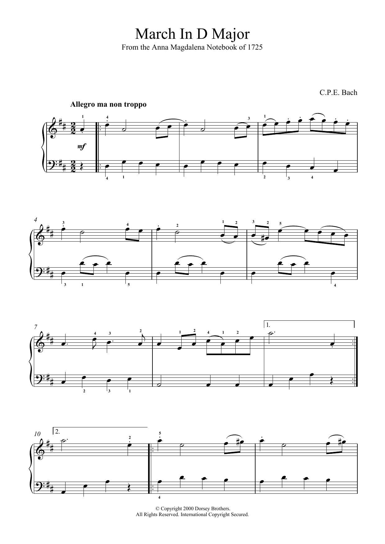 Carl Philipp Emanuel Bach March In D Major, BWV App. 122 sheet music notes and chords arranged for Piano Solo