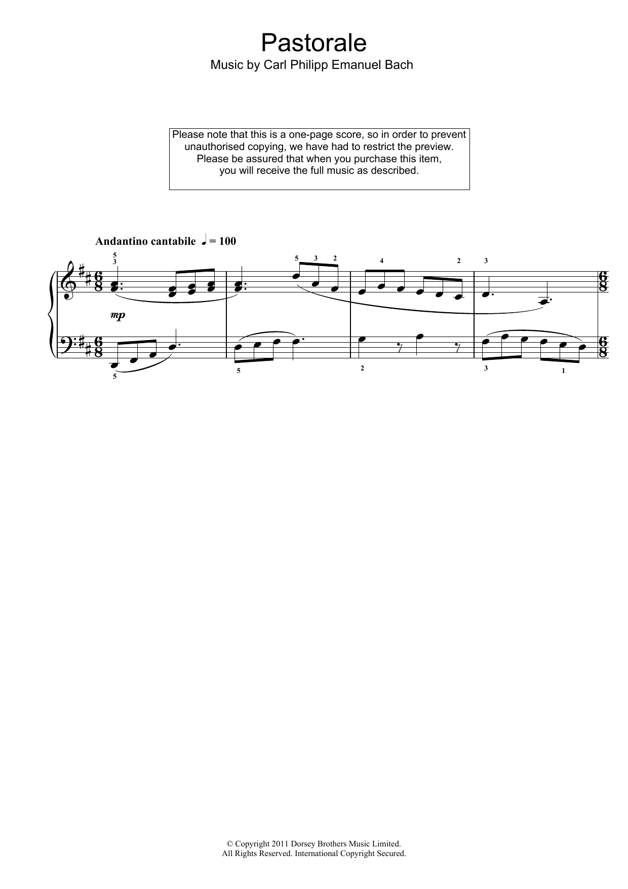 Carl Philipp Emanuel Bach Pastorale sheet music notes and chords arranged for Piano Solo
