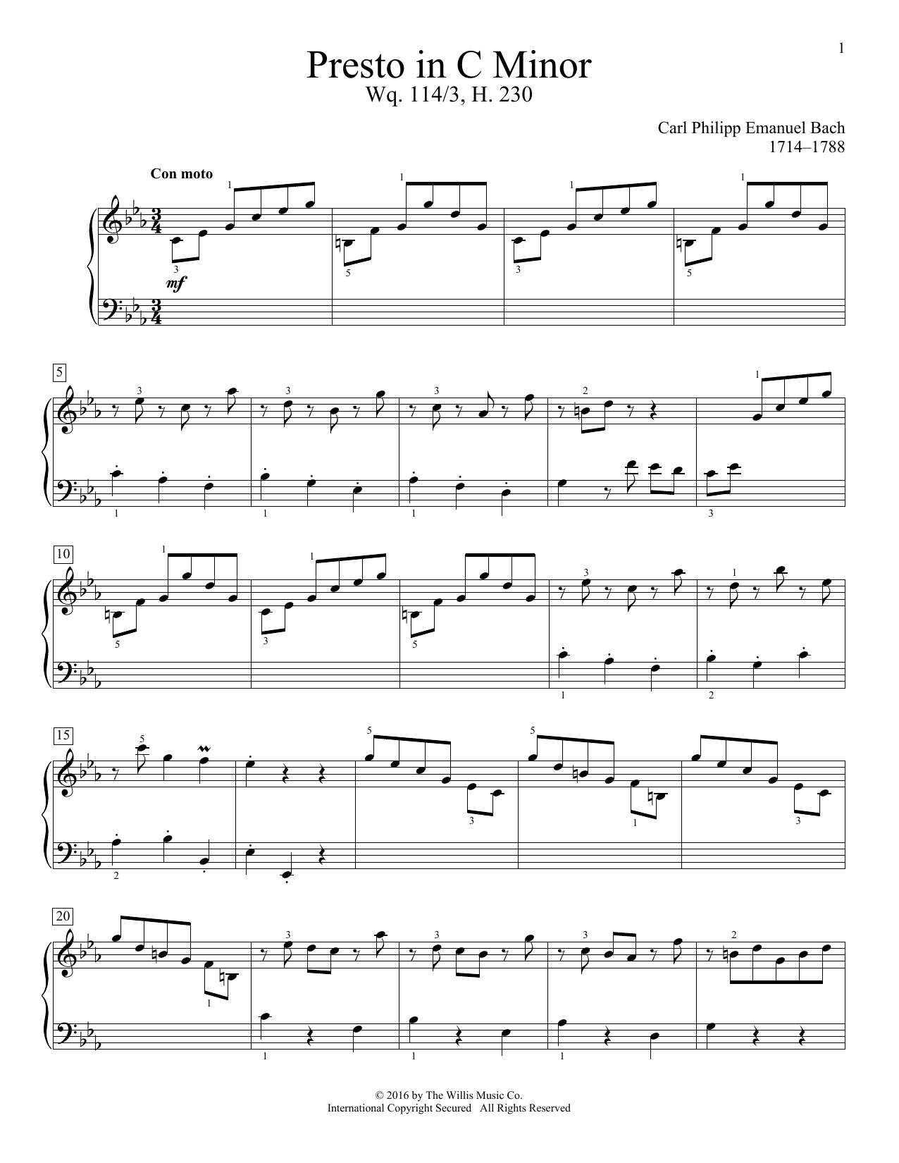 Carl Philipp Emanuel Bach Presto In C Minor, Wq. 114/3, H. 230 sheet music notes and chords arranged for Educational Piano