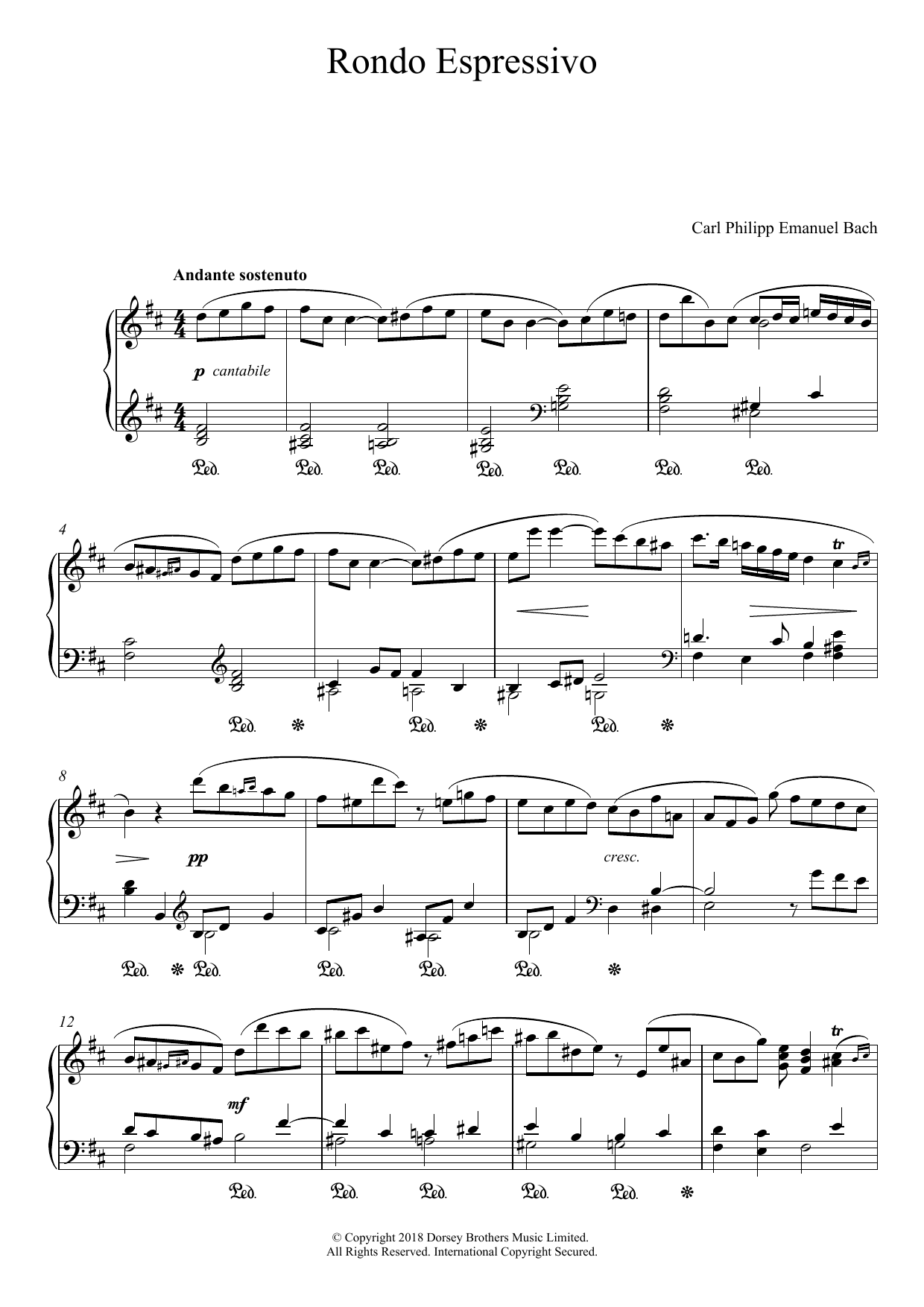 Carl Philipp Emanuel Bach Rondo Espressivo sheet music notes and chords arranged for Piano Solo
