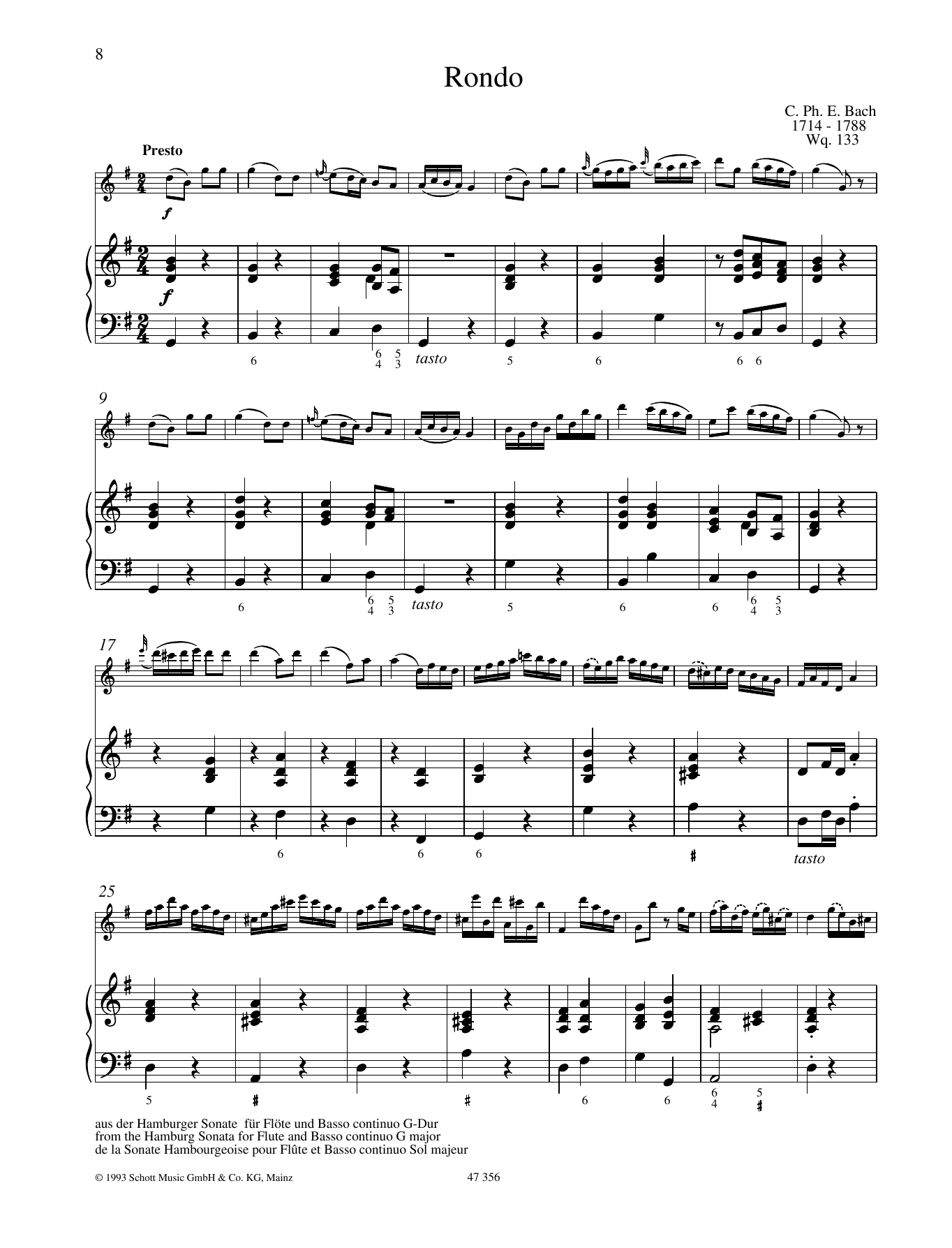 Carl Philipp Emanuel Bach Rondo sheet music notes and chords arranged for Woodwind Solo