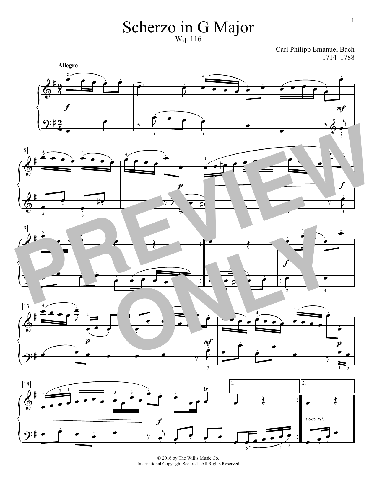 Carl Philipp Emanuel Bach Scherzo In G Major, Wq. 116 sheet music notes and chords arranged for Educational Piano