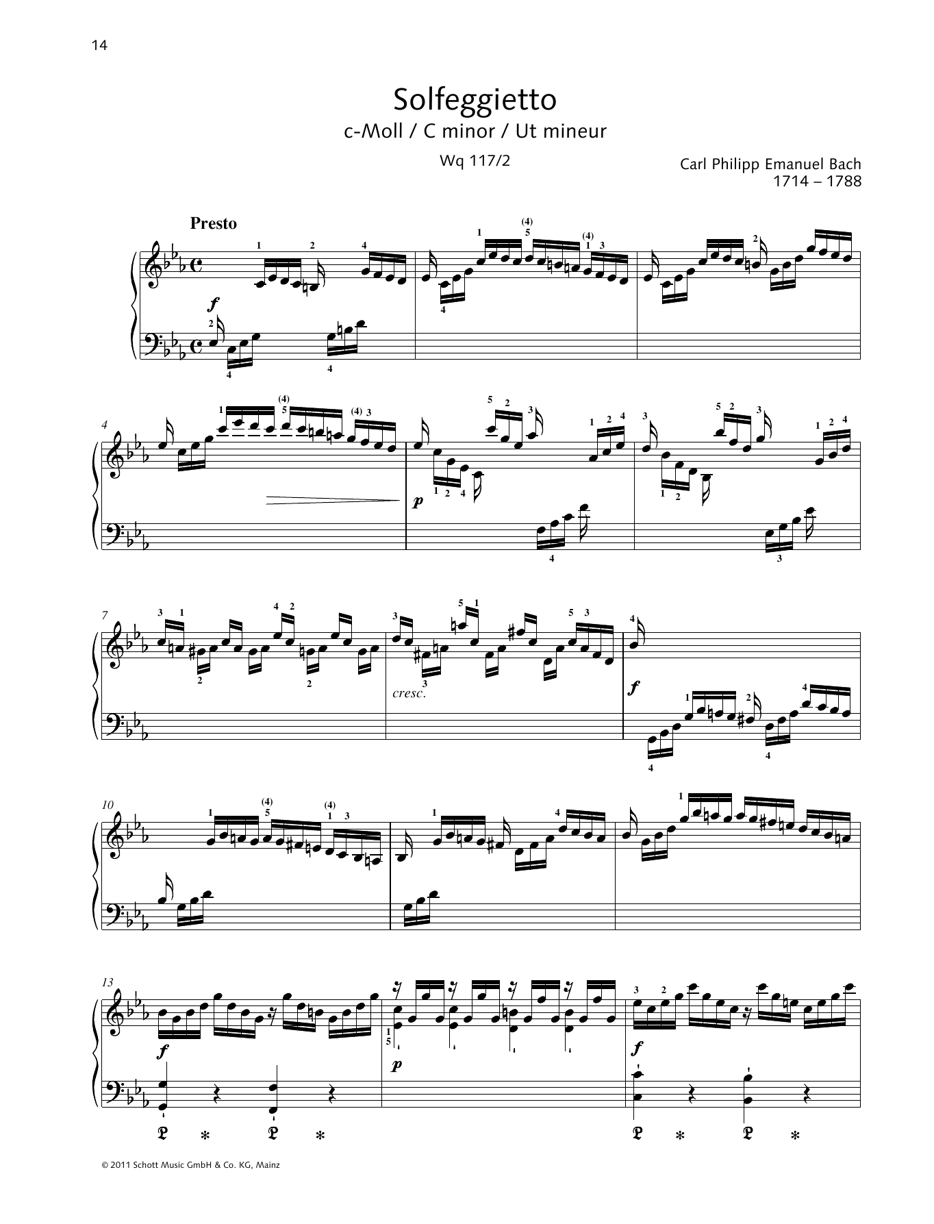 Carl Philipp Emanuel Bach Solfeggietto C minor sheet music notes and chords arranged for Piano Solo