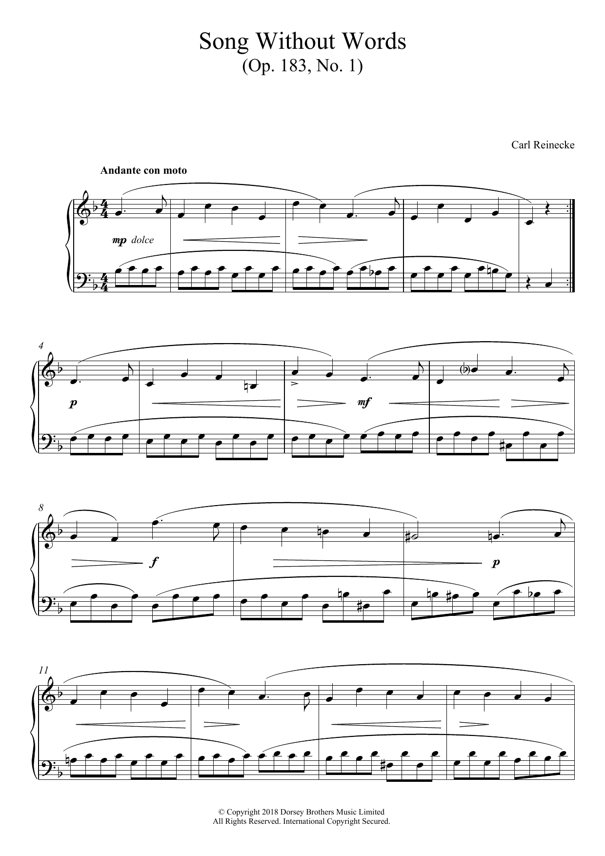 Carl Reinecke Song Without Words, Op. 183, No. 1 sheet music notes and chords arranged for Piano Solo