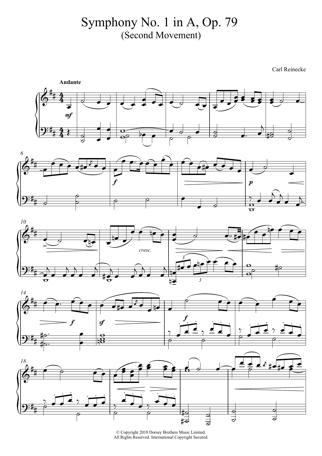 Carl Reinecke Symphony No. 1 In A, Op. 79 (Second Movement) sheet music notes and chords arranged for Piano Solo