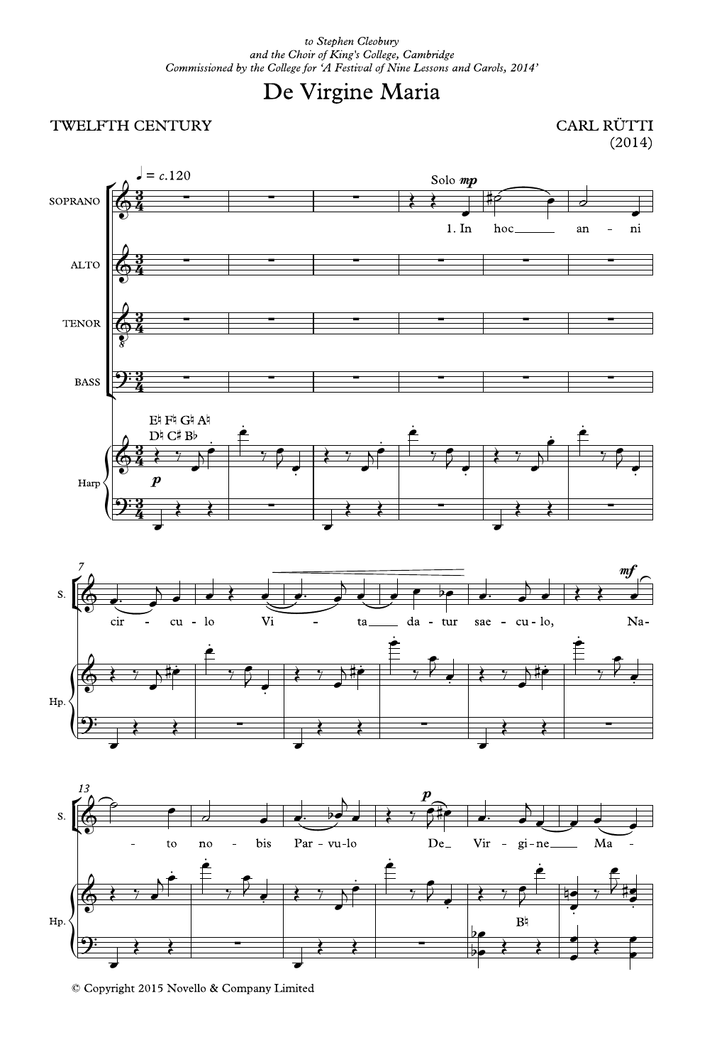 Carl Rütti De Virgine Maria (SATB and harp version) - Score sheet music notes and chords arranged for SATB Choir