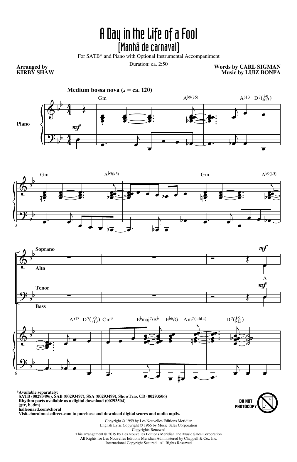 Carl Sigman & Luiz Bonfa A Day In The Life Of A Fool (Manha De Carnaval) (arr. Kirby Shaw) sheet music notes and chords arranged for SSA Choir