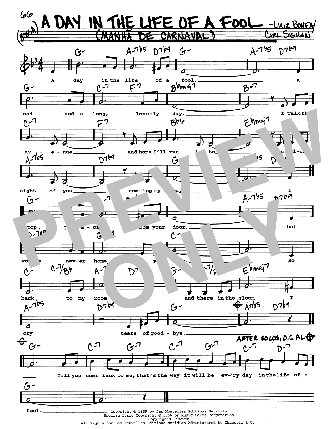 Carl Sigman & Luiz Bonfa A Day In The Life Of A Fool (Manha De Carnaval) (Low Voice) sheet music notes and chords arranged for Real Book – Melody, Lyrics & Chords