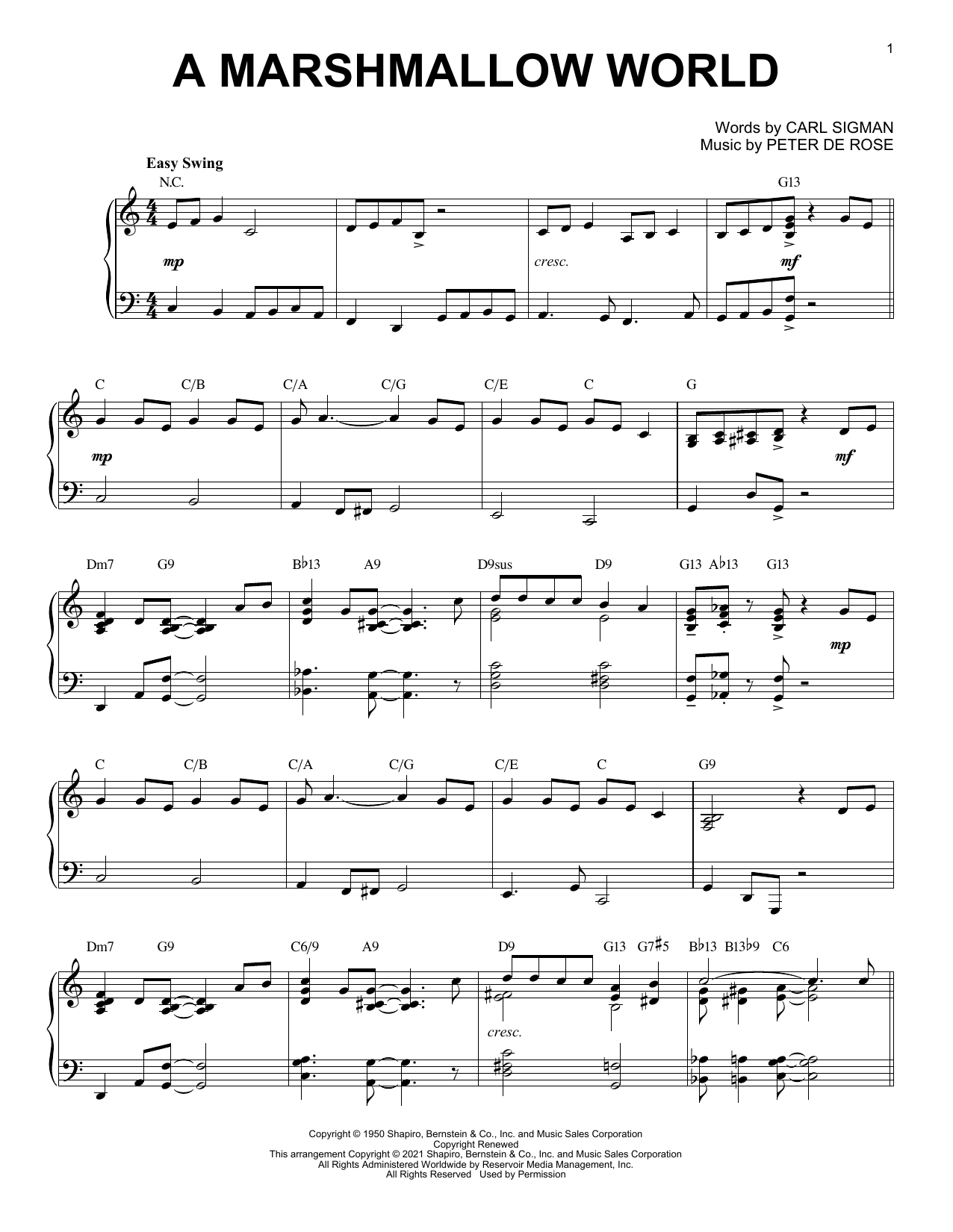 Carl Sigman & Peter De Rose A Marshmallow World [Jazz version] (arr. Brent Edstrom) sheet music notes and chords arranged for Piano Solo