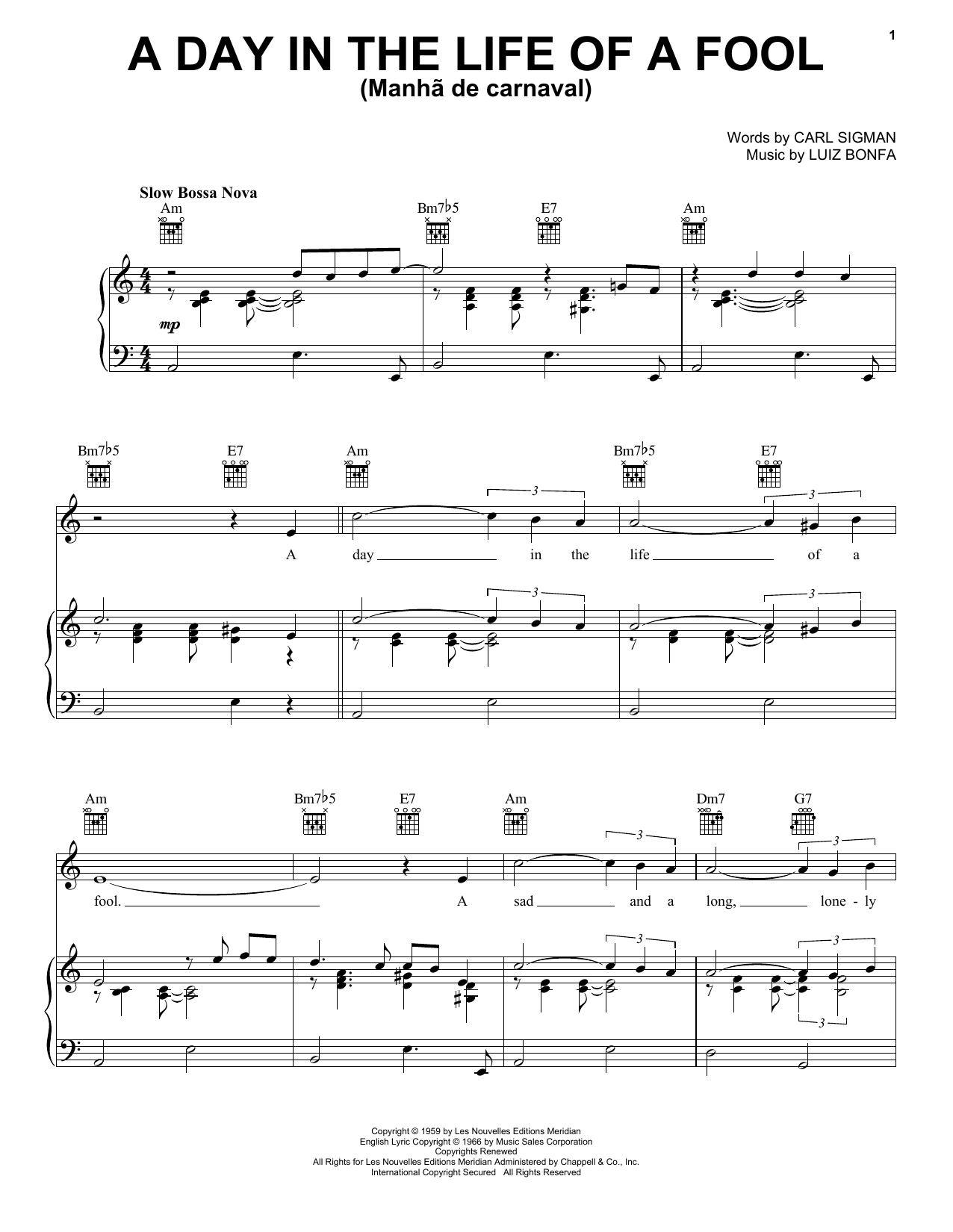 Carl Sigman A Day In The Life Of A Fool (Manha De Carnaval) sheet music notes and chords arranged for Piano, Vocal & Guitar Chords (Right-Hand Melody)