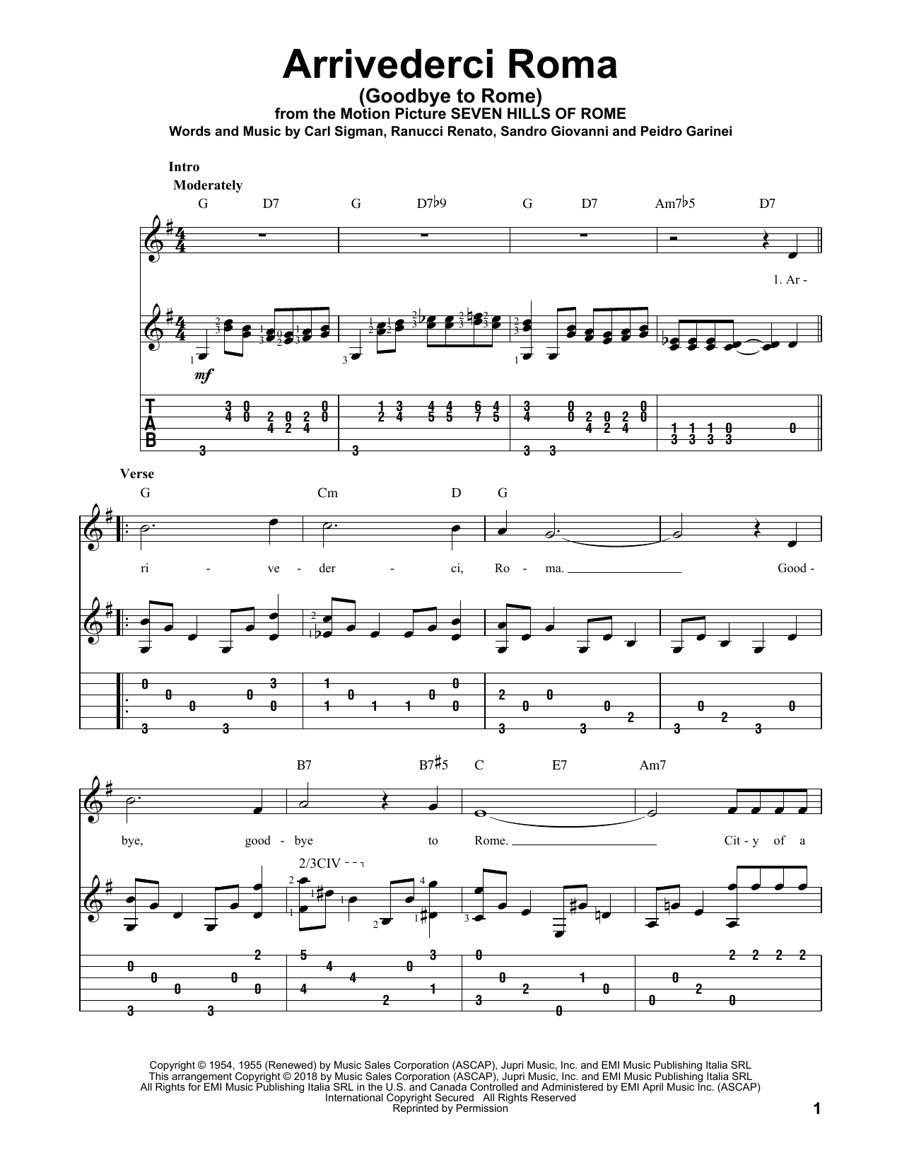 Carl Sigman Arrivederci Roma (Goodbye To Rome) sheet music notes and chords arranged for Solo Guitar