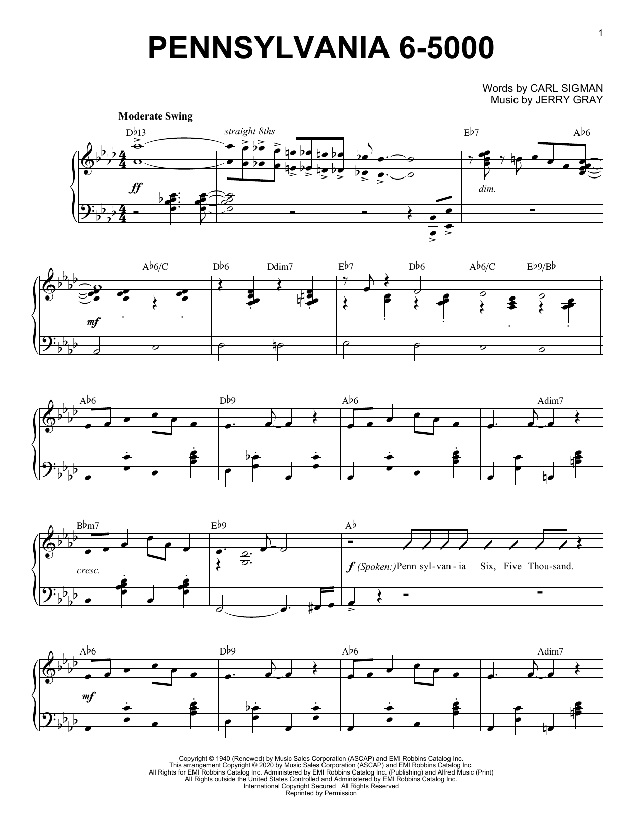 Carl Sigman Pennsylvania 6-5000 [Jazz version] (arr. Brent Edstrom) sheet music notes and chords arranged for Piano Solo