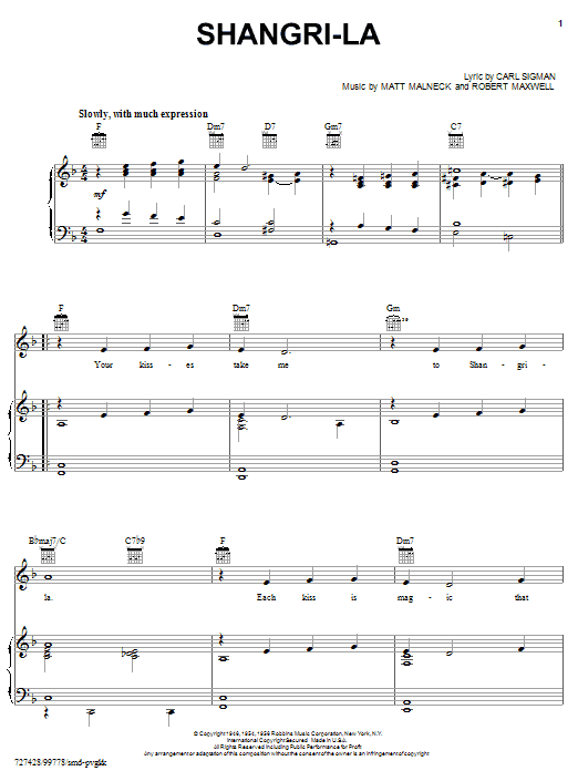 Carl Sigman Shangri-la sheet music notes and chords arranged for Piano, Vocal & Guitar Chords (Right-Hand Melody)