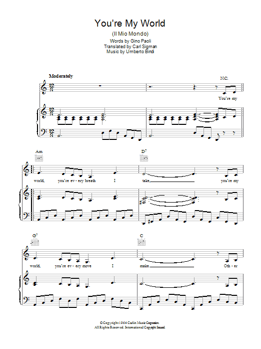 Carl Sigman You're My World (Il Mio Mondo) sheet music notes and chords arranged for Piano, Vocal & Guitar Chords (Right-Hand Melody)