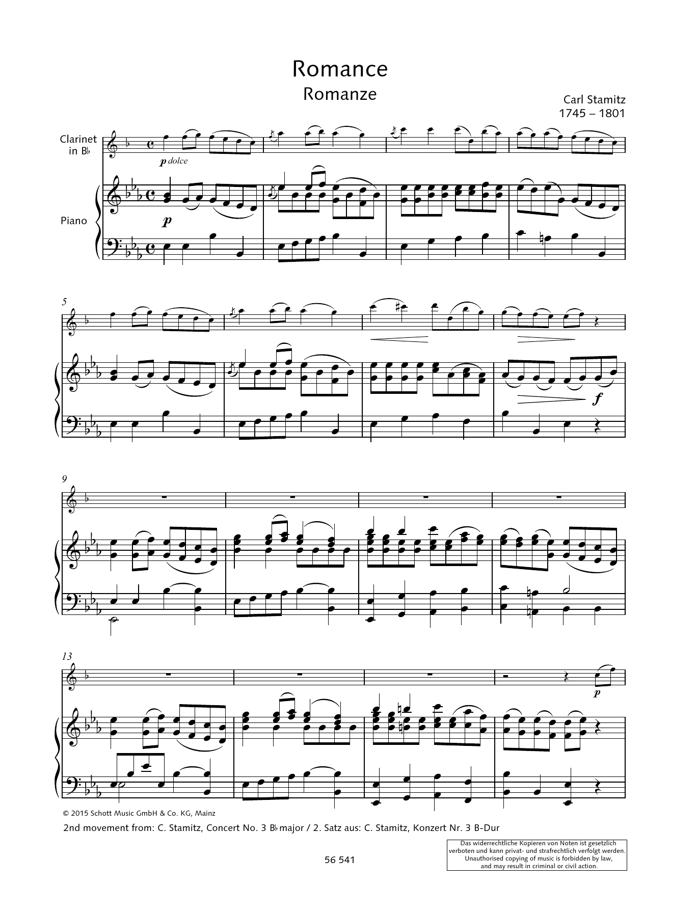 Carl Stamitz Romance sheet music notes and chords arranged for Woodwind Solo